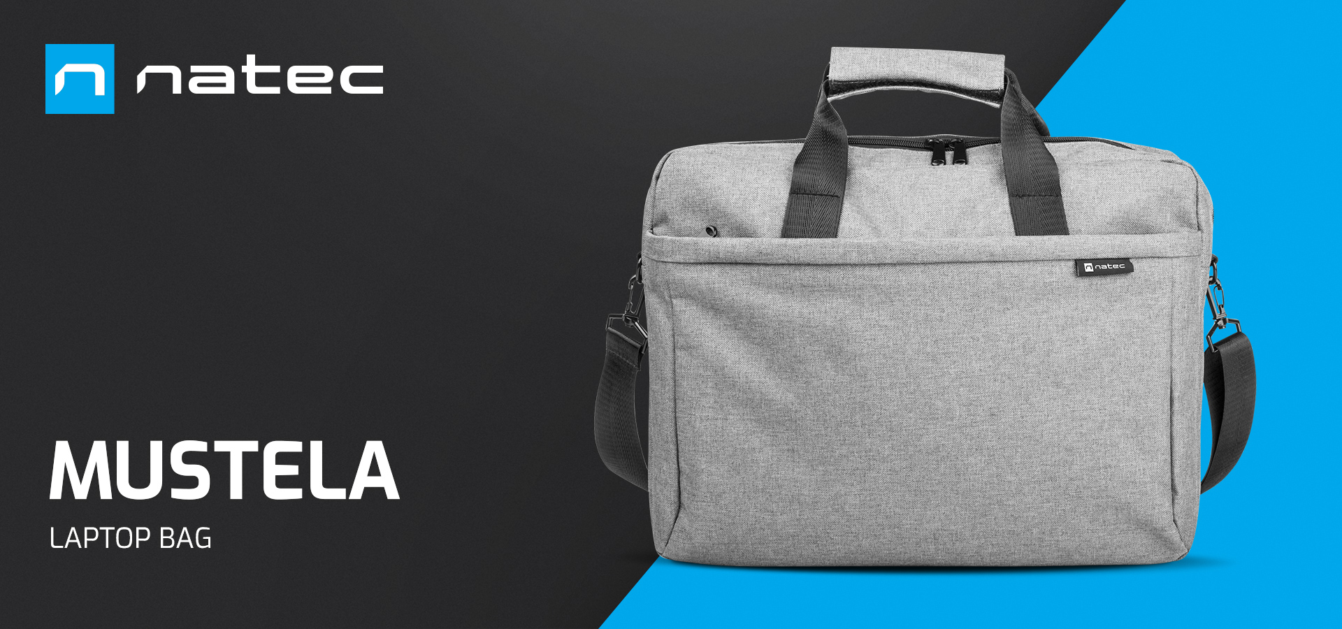 Szürke laptop táska logóval és 'MUSTELA LAPTOP BAG' felirattal kék háttér előtt.