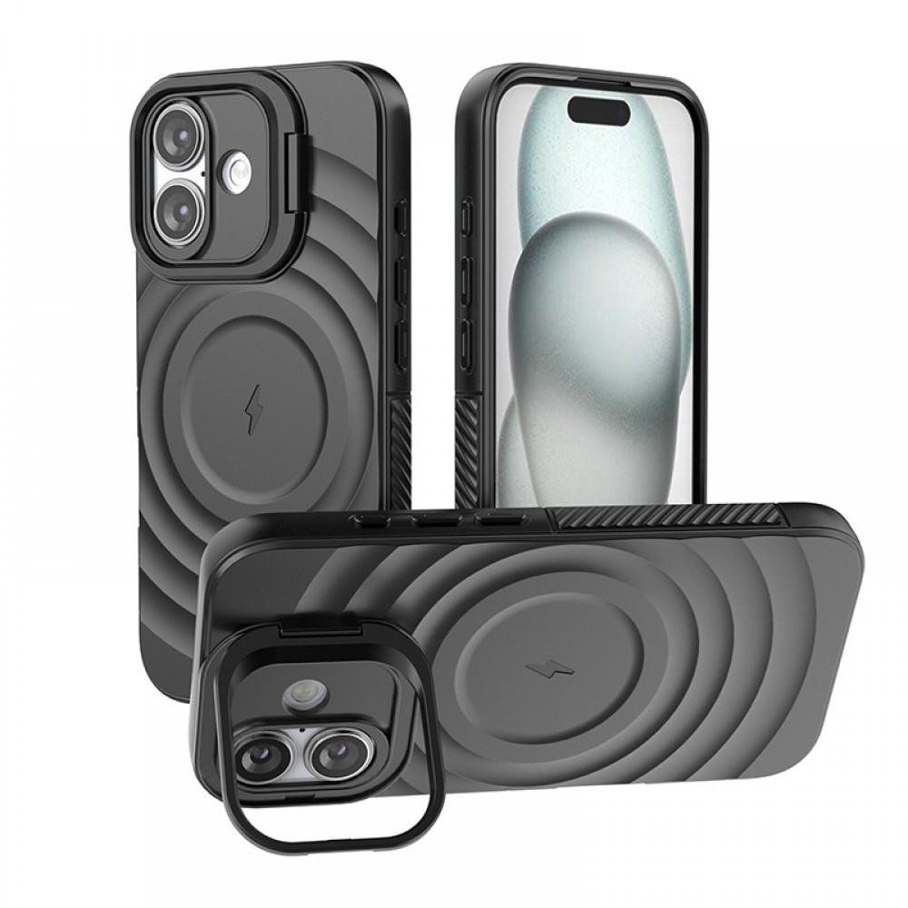 Fekete telefontokok, három nézet, körkörös minták, villám szimbólum, kamera design.