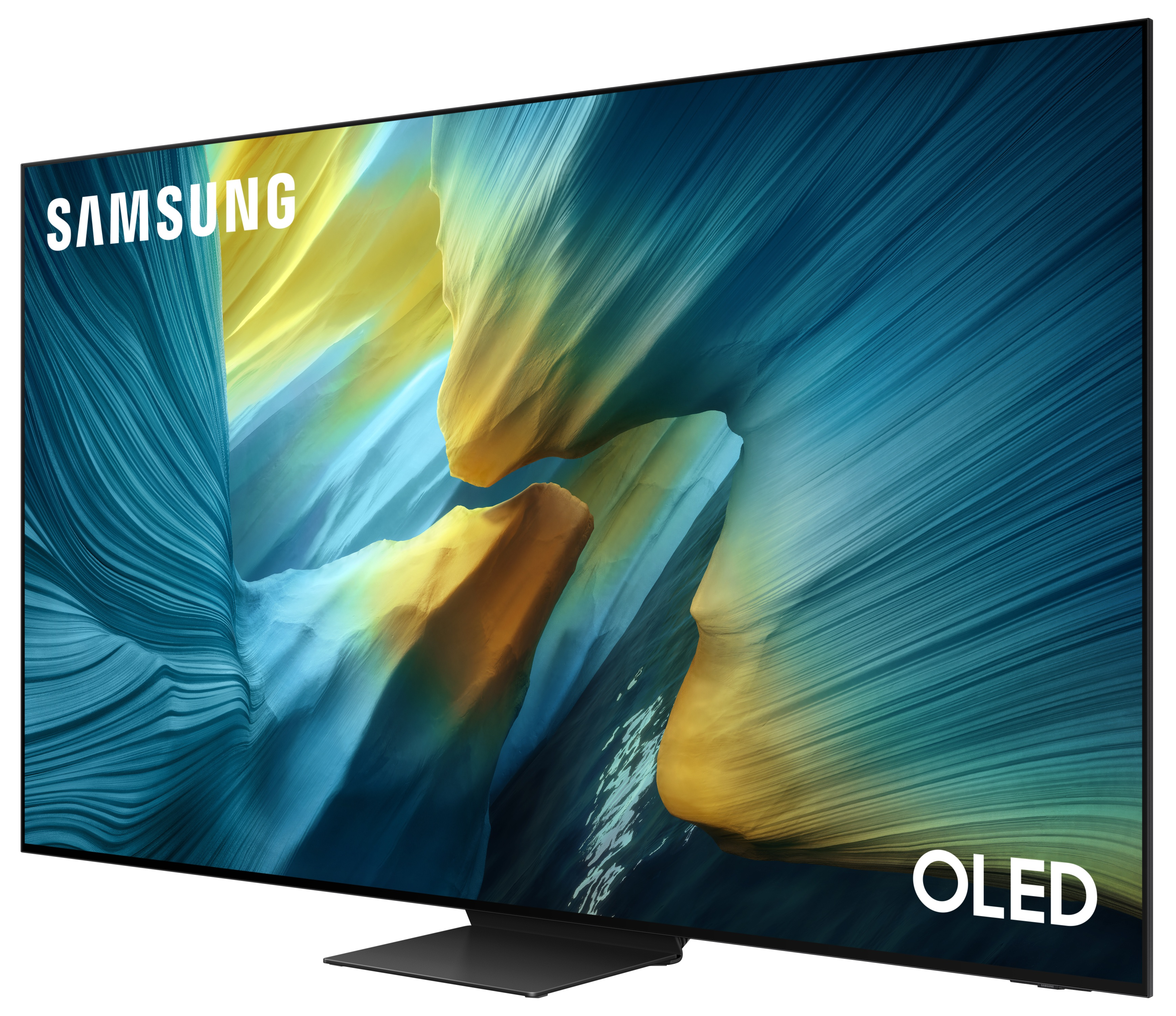 Widok z boku czarnego telewizora OLED z czarnym stojakiem.