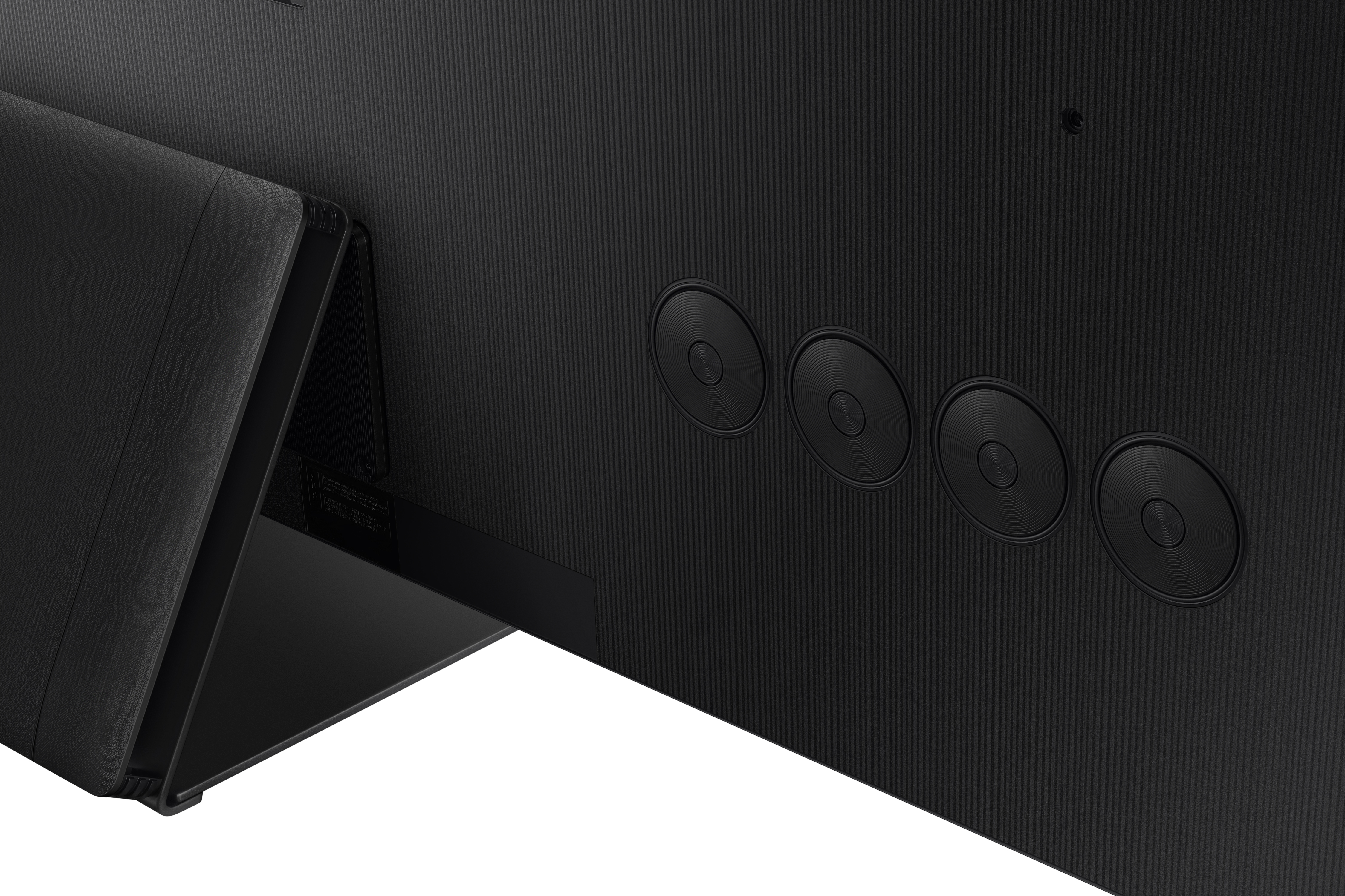 Czarny stojak pod telewizor z czarnym panelem w tle.