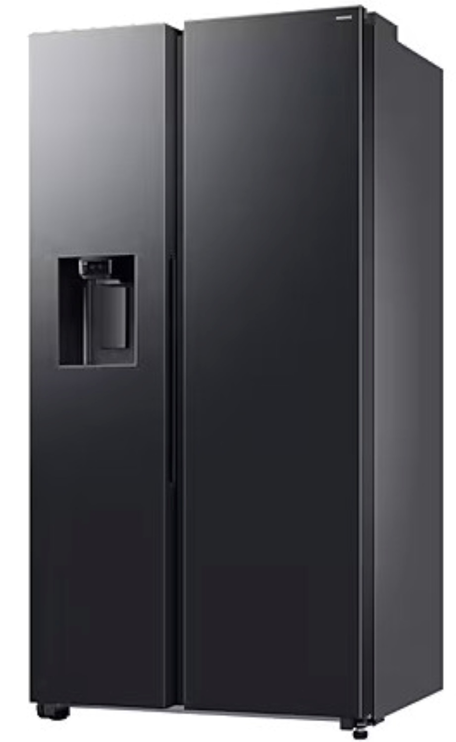 Czarna lodówka Samsung z dozownikiem wody i lodu na lewych drzwiach.