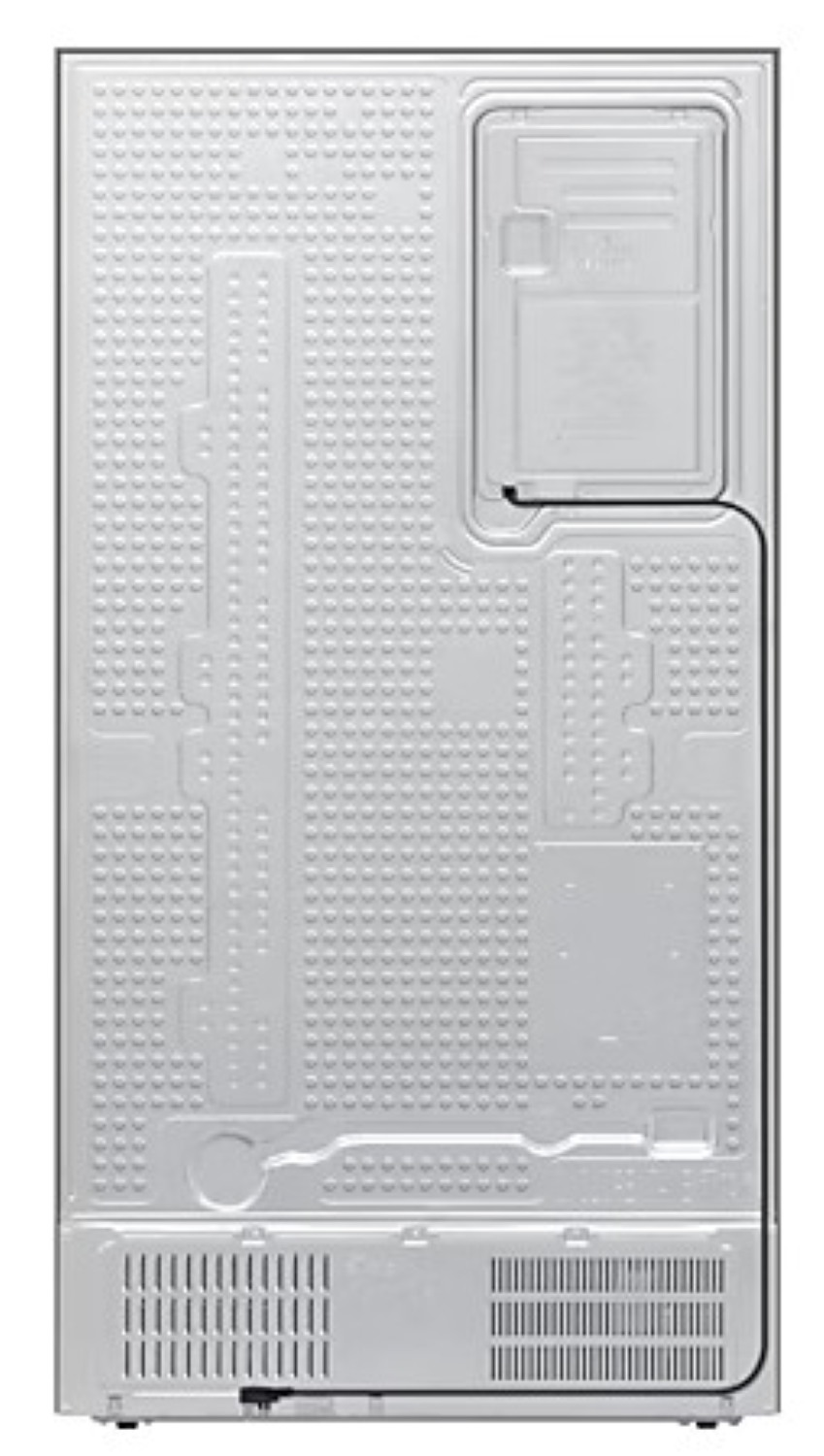 Tył białej lodówki. Tył ma teksturowaną powierzchnię i różne elementy mechaniczne.