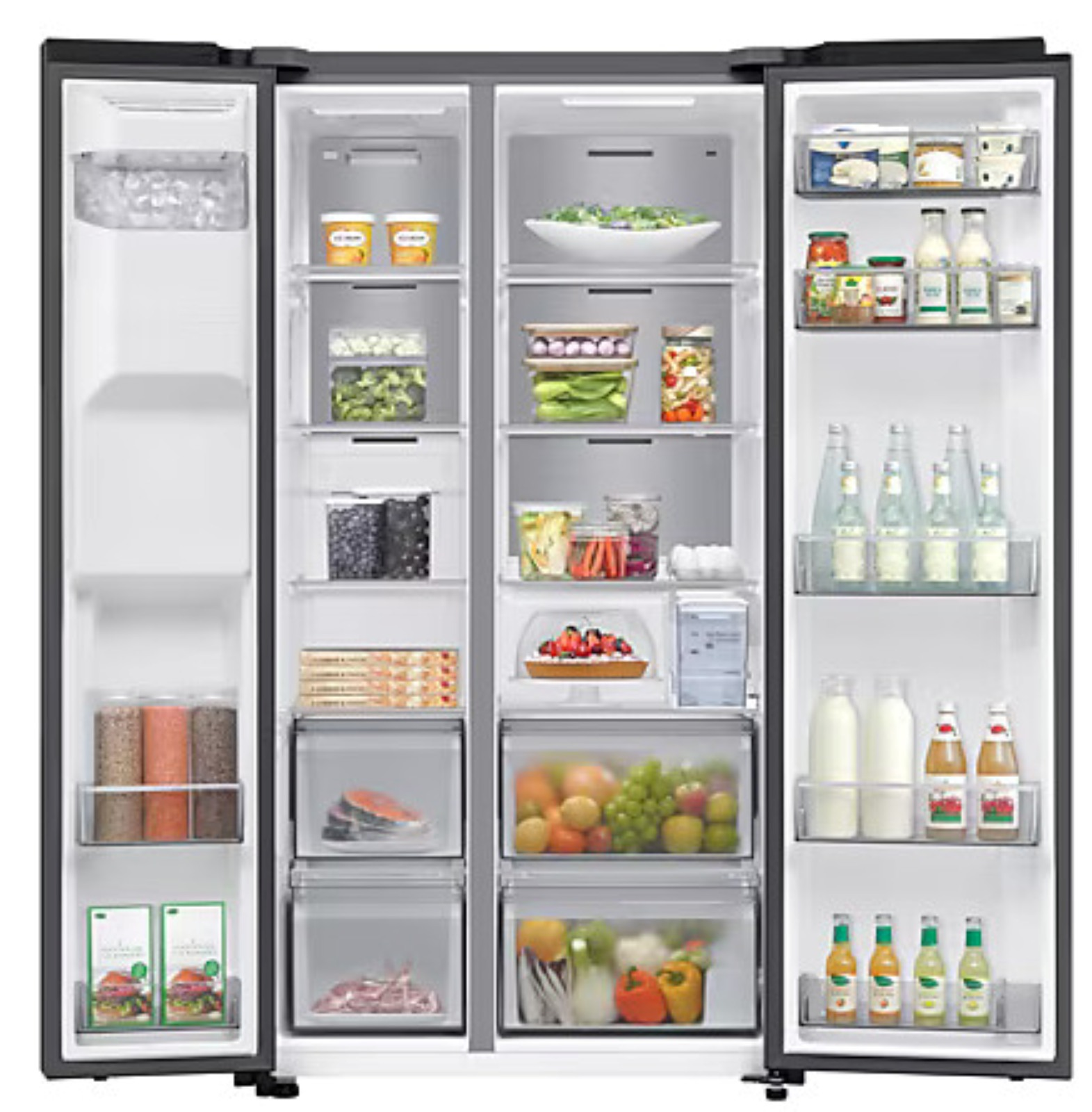 Otwarta lodówka z przejrzystą organizacją produktów spożywczych i pojemników.