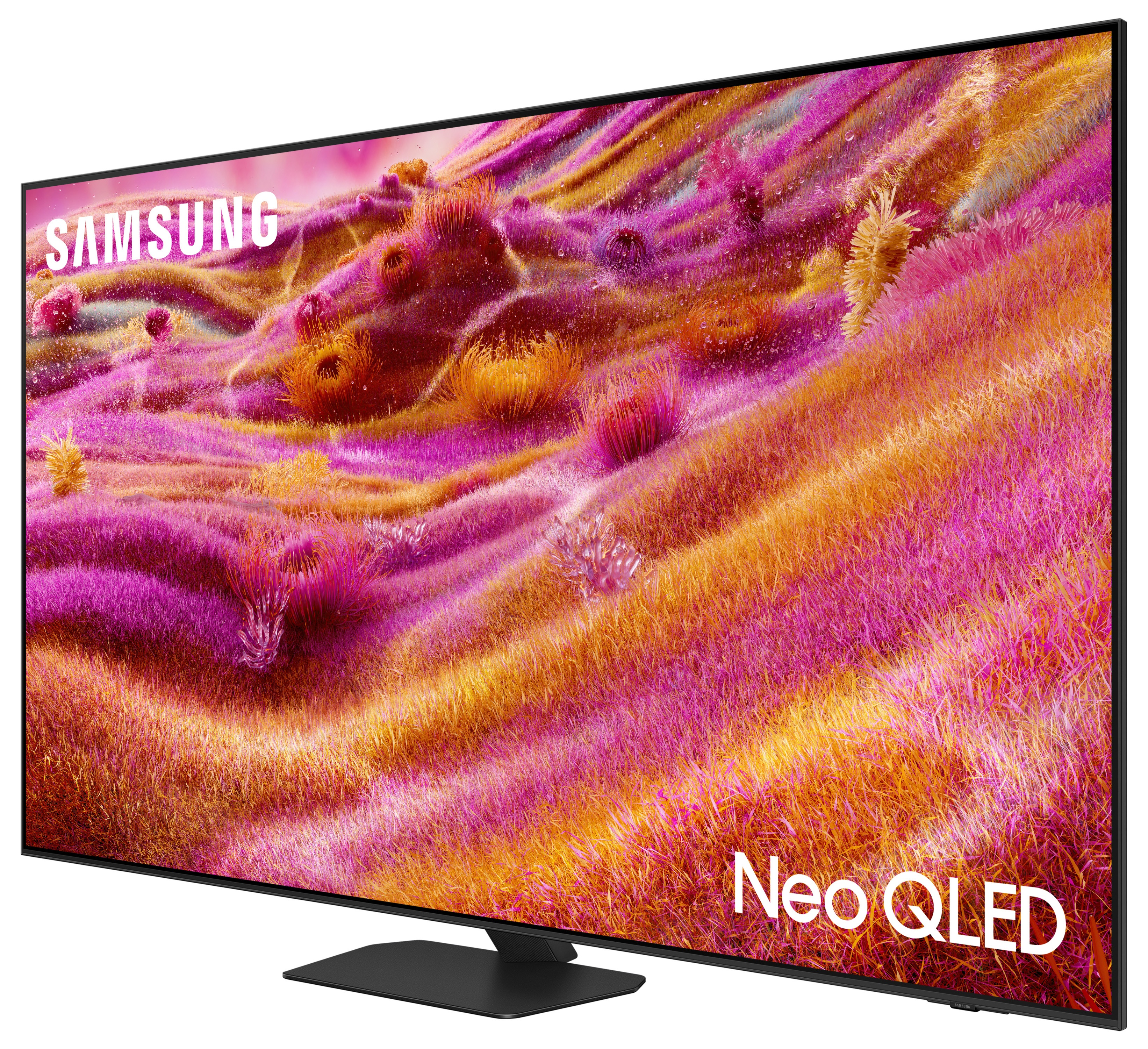Telewizor Samsung Neo QLED, widok z boku, wyświetlający różowy i żółty abstrakcyjny obraz.