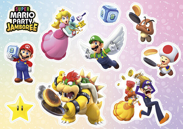Super Mario Party Jamboree stickers. Mario, Peach, Luigi, Bowser, Toad, Daisy, Waluigi and Goomba are shown.