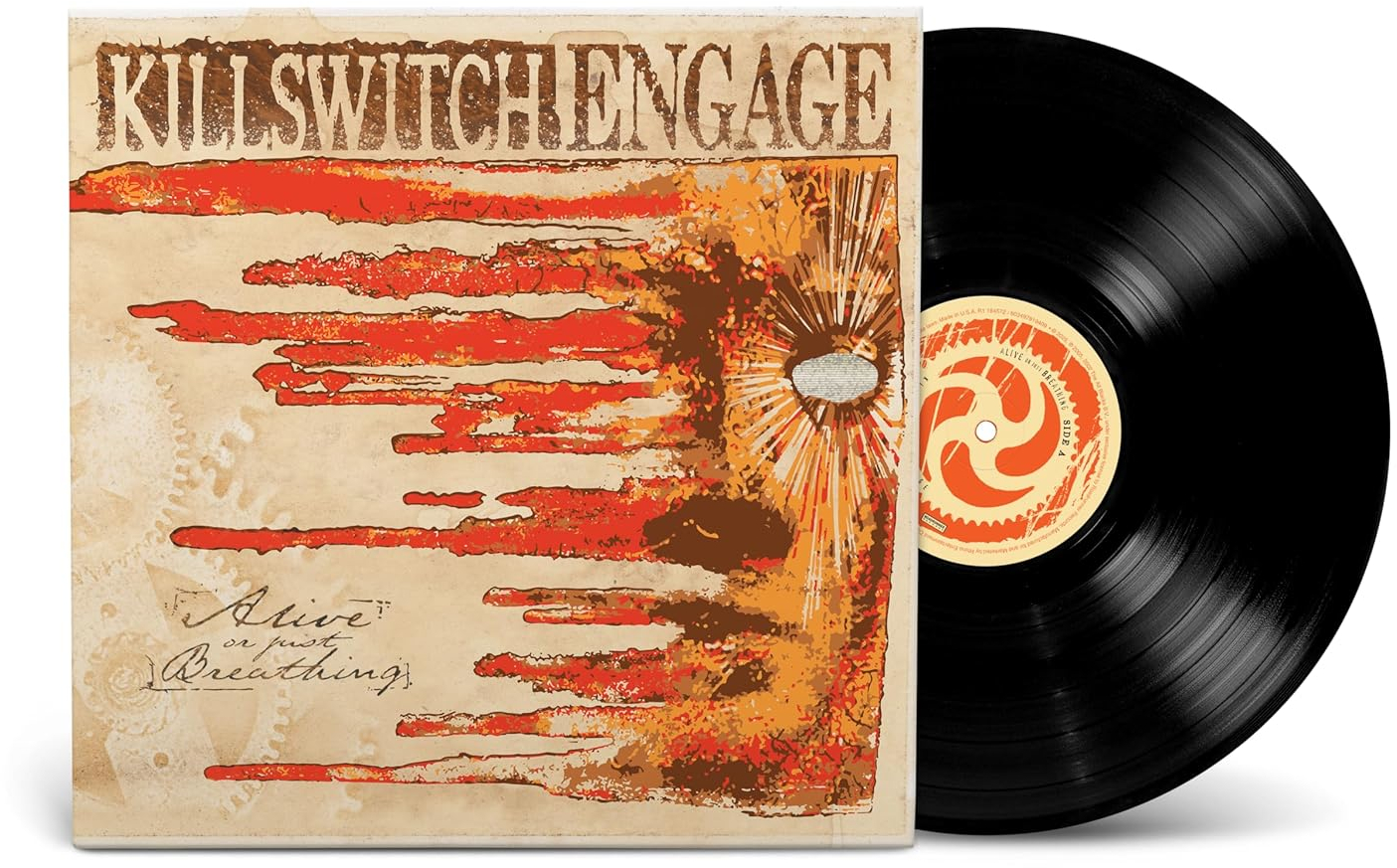 Egy bakelit lemez a "Alive or just Breathing" albummal a Killswitch Engage-től. A borító piros dizájnt mutat.
