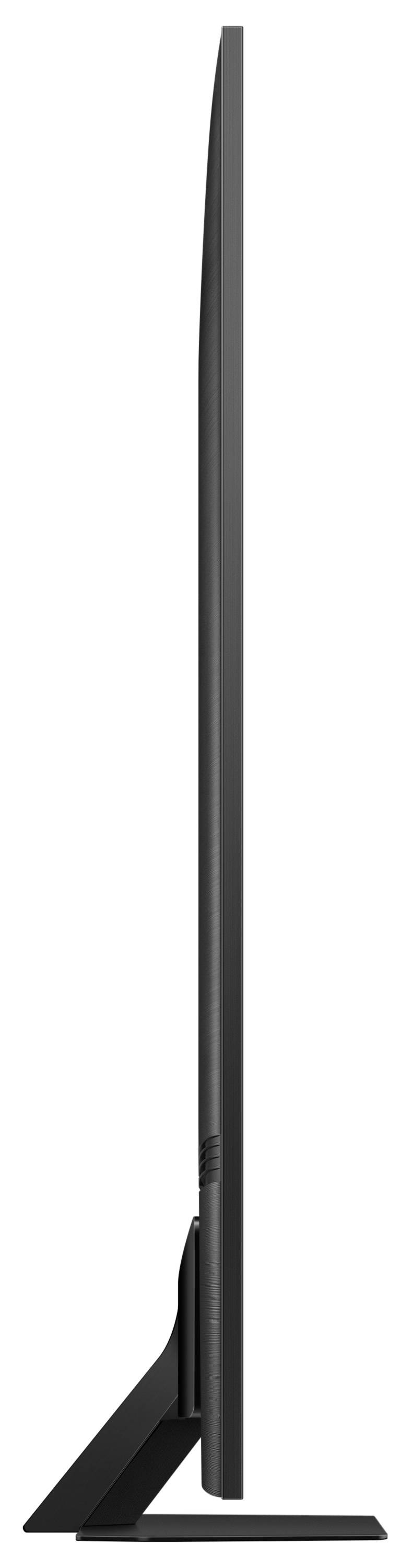 Widok z boku telewizora Samsung Neo QLED. Czarna ramka i podstawa. Smukły profil.