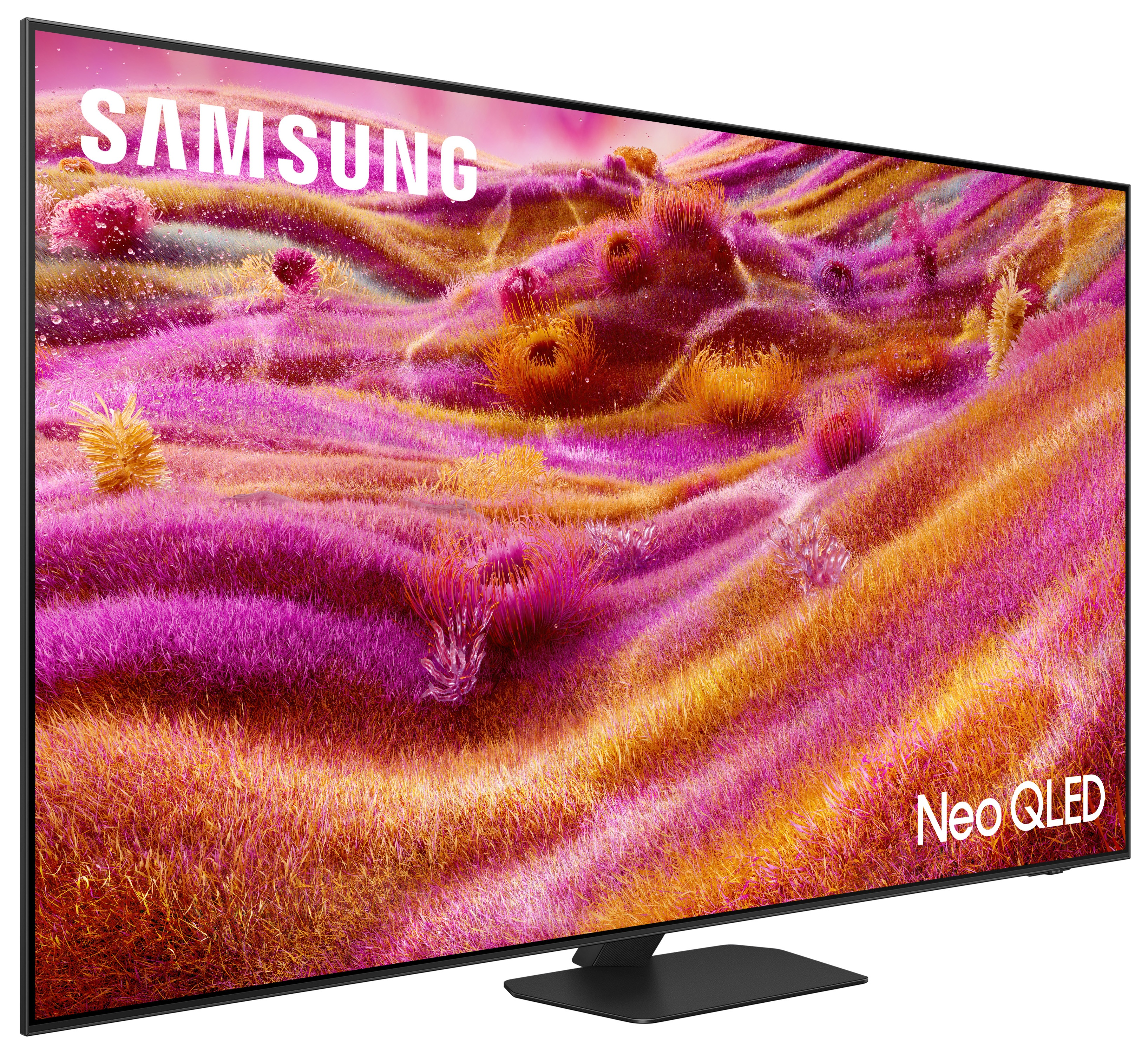 Telewizor Samsung Neo QLED, widok z boku. Ekran wyświetla kolorowy różowo-żółty krajobraz.
