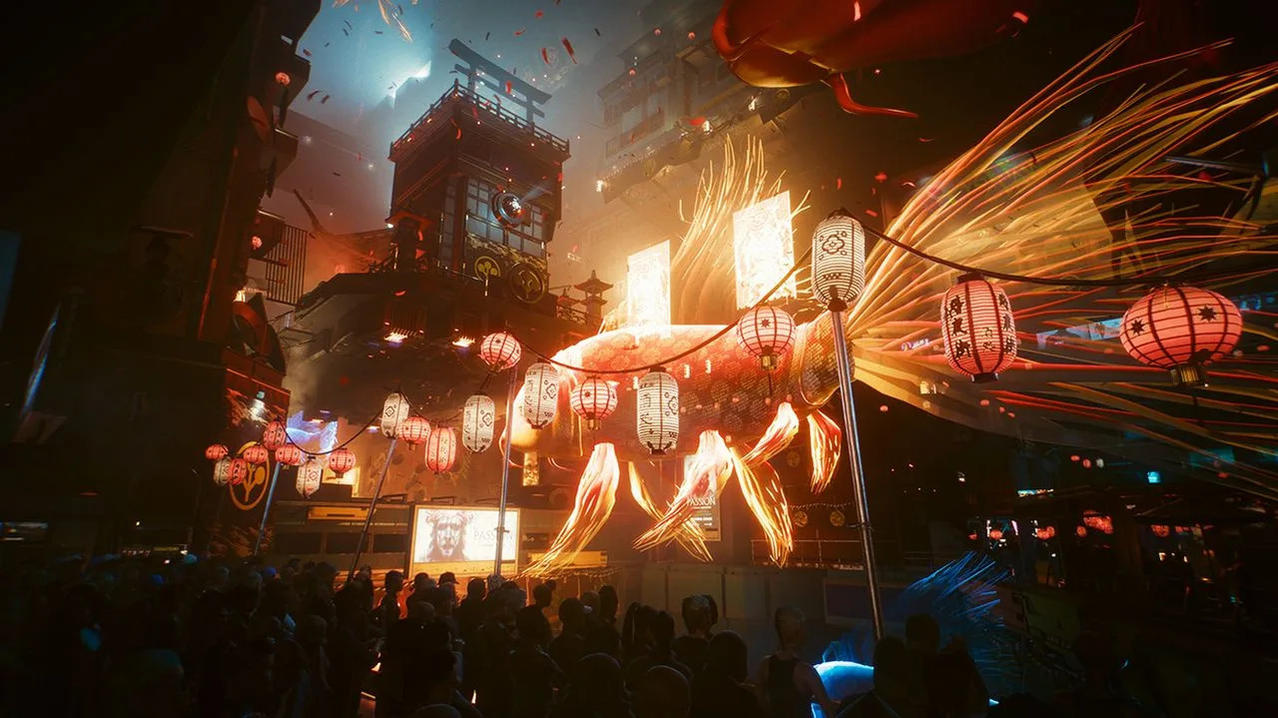 Eine Menschenmenge vor einer Bühne mit roten Laternen und Feuerwerk in einer futuristischen Stadt bei Nacht.