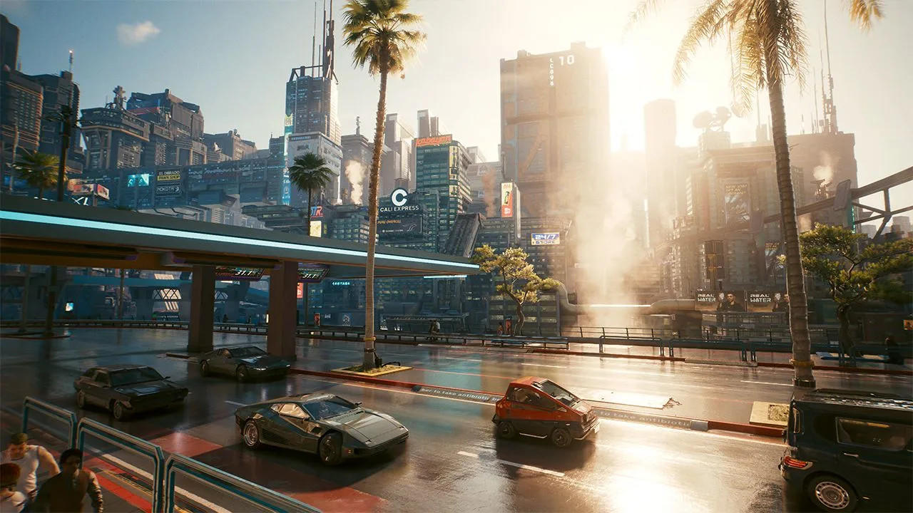Eine futuristische Stadt bei sonnigem Wetter mit Autos auf der Straße und hohen Gebäuden im Hintergrund.