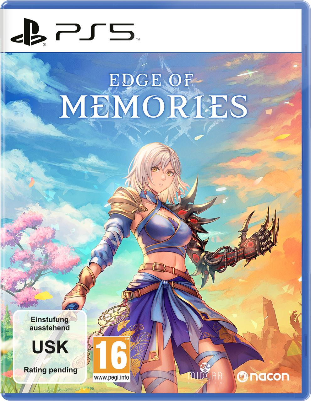 Spielcover für Edge of Memories, eine Frau mit Schwert, blauer Himmel im Hintergrund.
