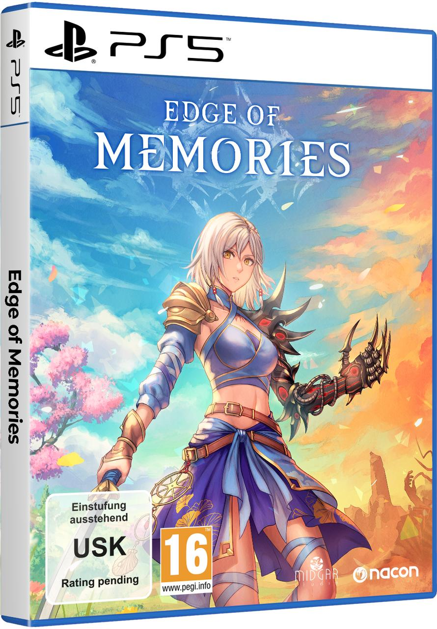 Edge of Memories Spielcover mit Frau mit Schwert, blauer Himmel Hintergrund.