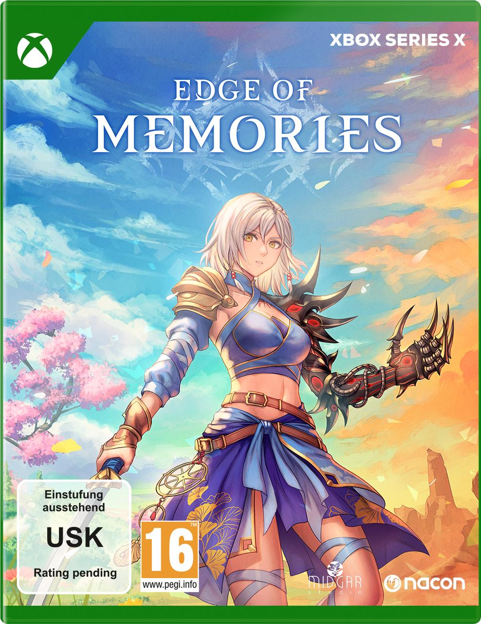 Xbox Series X Spielcover für Edge of Memories, Frau mit Schwert, blauer Himmel.