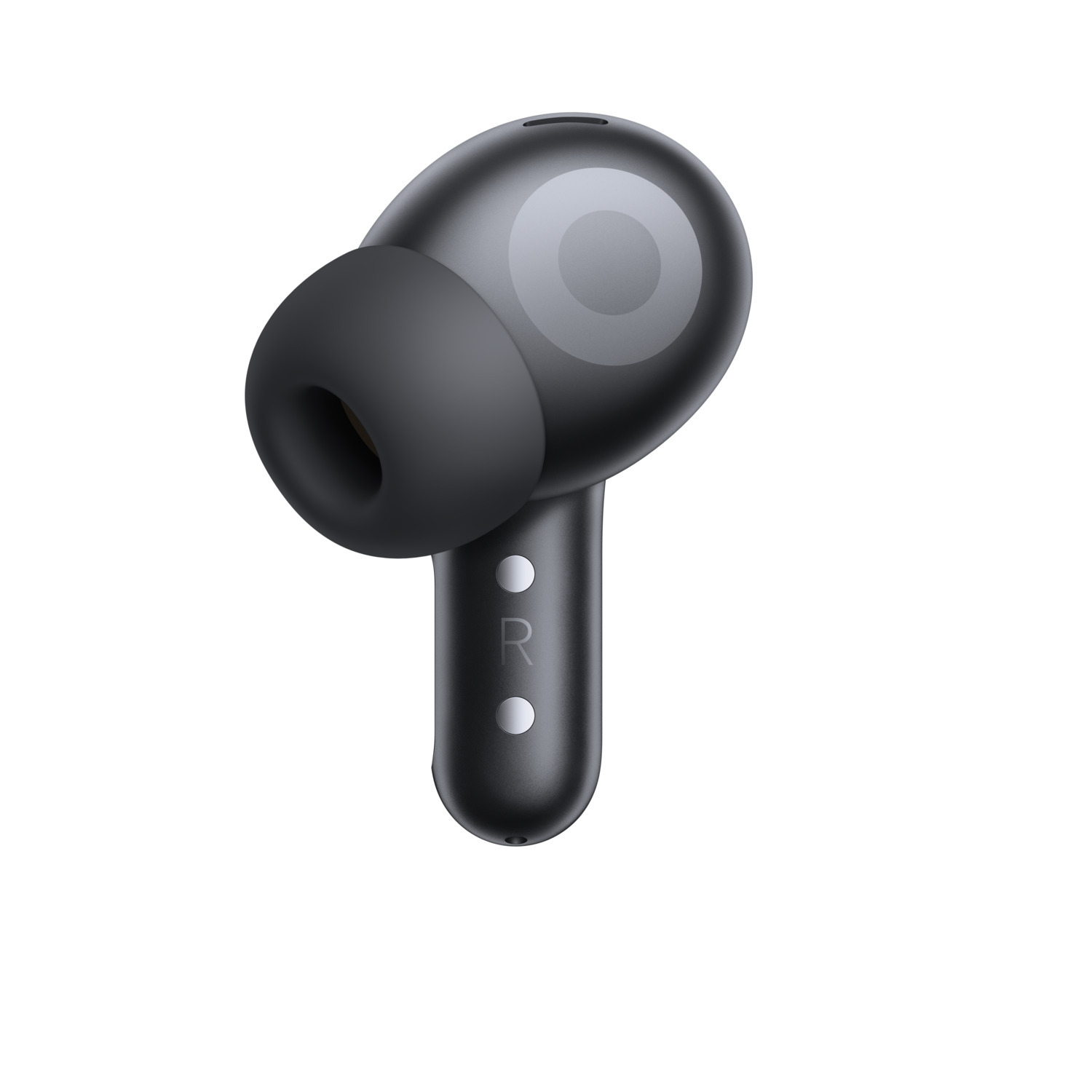 A black earbud, labeled 'R', rests against a white background. It has a rounded shape with a soft ear tip.