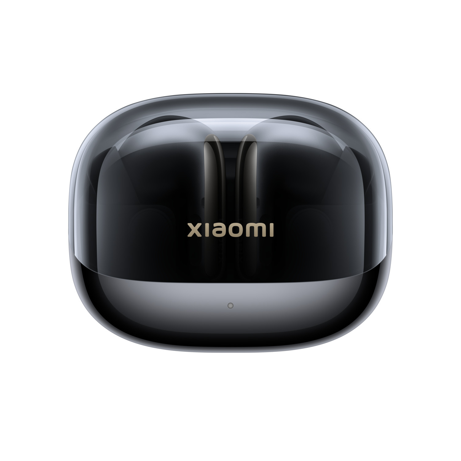 A black Xiaomi earbud case. The case is transparent and oval-shaped. The brand name is written on the case.