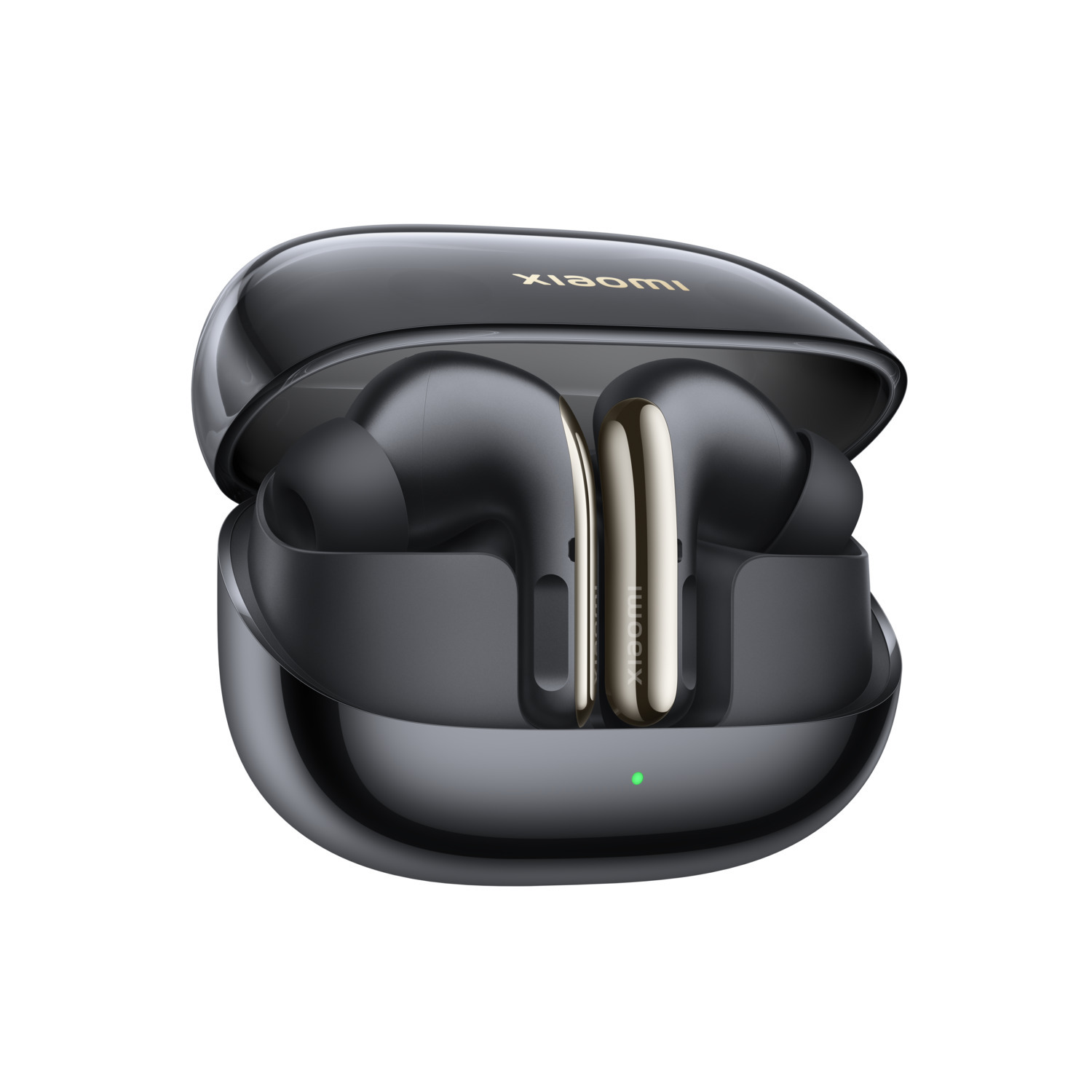 Black Xiaomi earbuds in a charging case. The case is open, showing the earbuds. Gold accents are visible.
