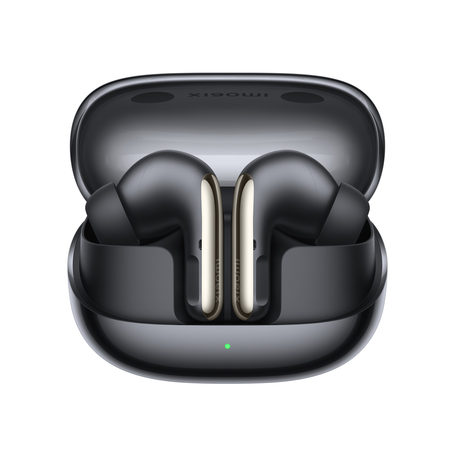 Open black earbud case with two black earbuds inside. Each earbud has gold accents and a green light. White background.
