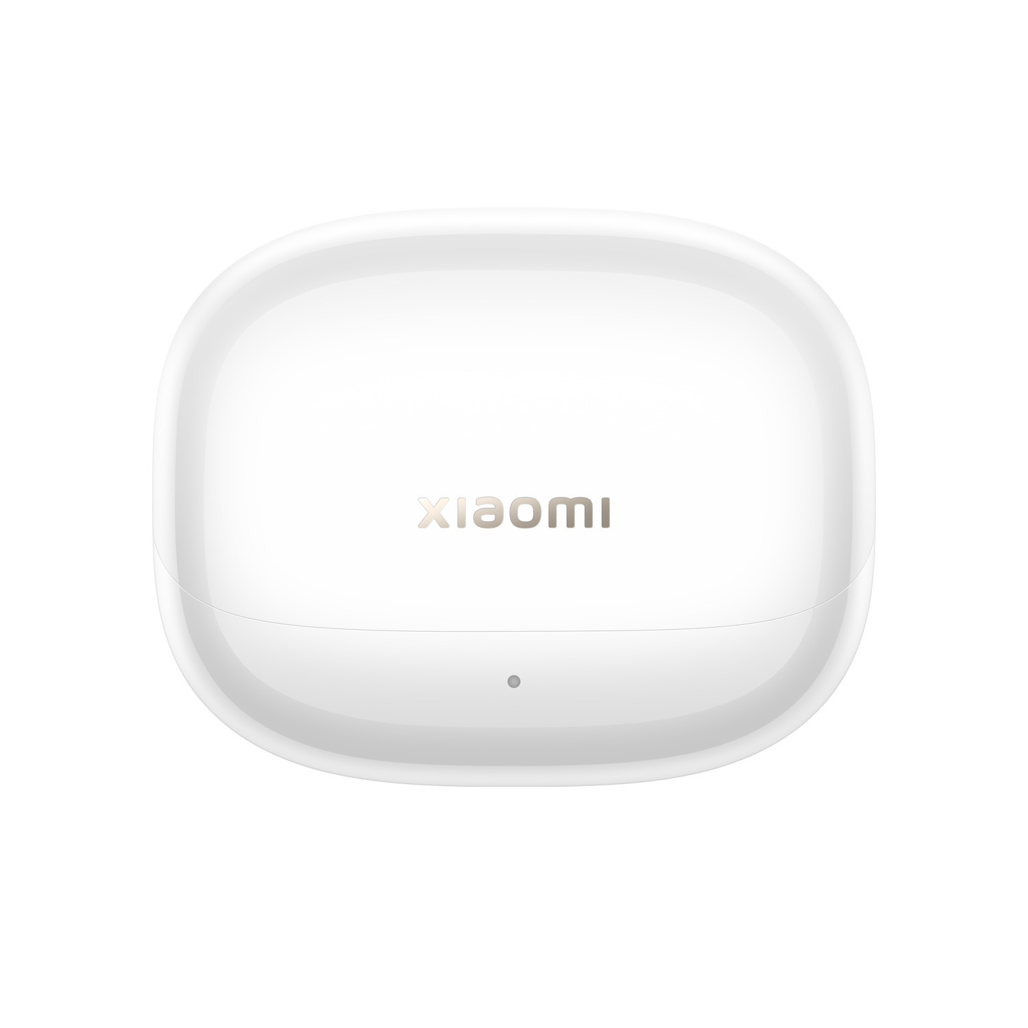 Boîtier d'écouteurs Xiaomi blanc. Le boîtier est ovale, avec le nom de la marque et une petite lumière.