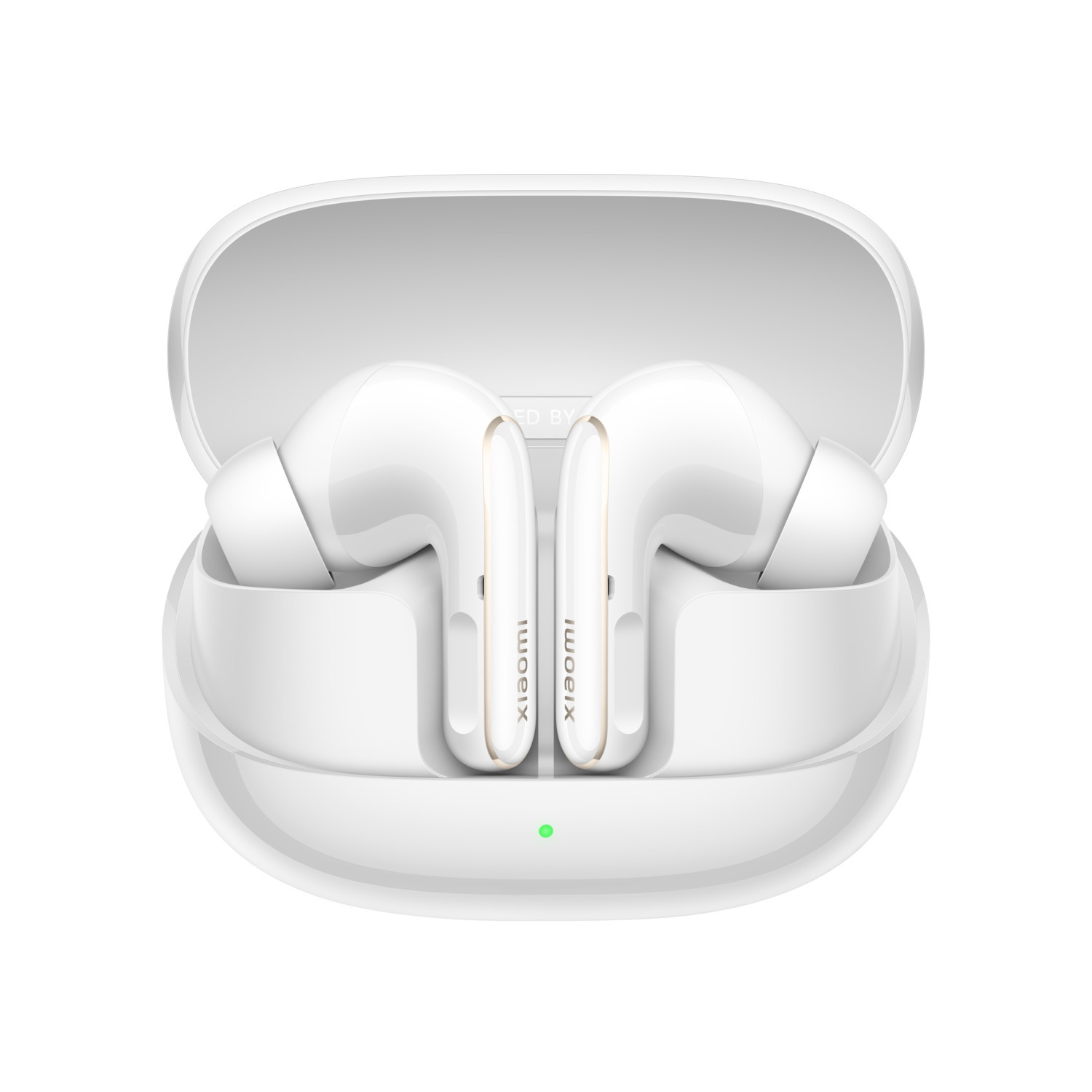Écouteurs blancs dans un étui de chargement blanc ouvert. Les écouteurs sont affichés. Le logo Xiaomi est visible.