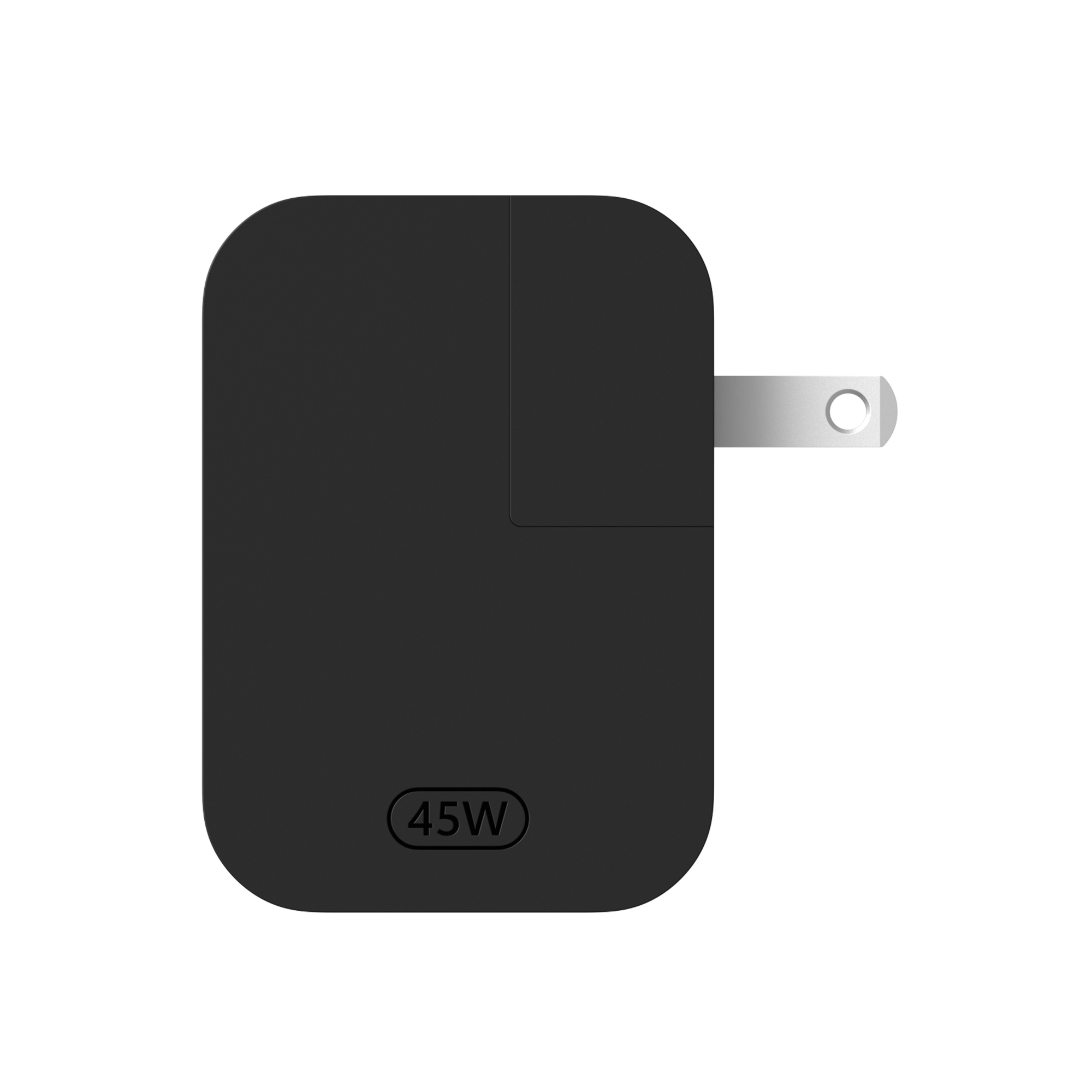 Ein schwarzes 45-W-Wandladegerät mit US-Stecker. Das Ladegerät ist rechteckig.
