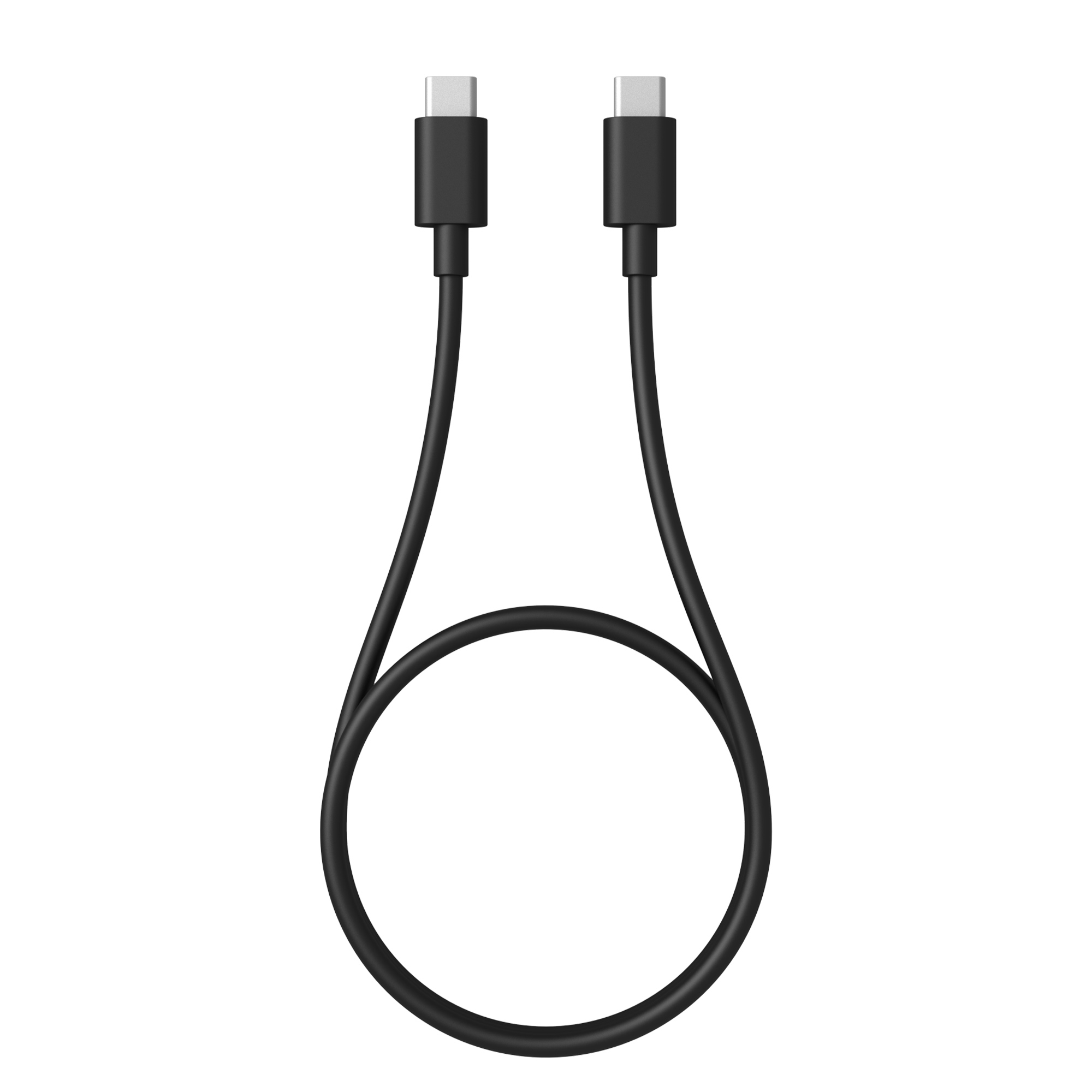 Ein schwarzes USB-C-Kabel mit zwei USB-C-Anschlüssen auf weißem Grund.