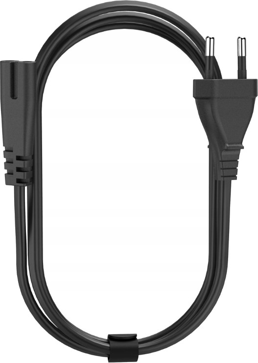 Czarny kabel zasilający z wtyczką dwupinową. Kabel tworzy pętlę. Opaska zaciskowa trzyma kabel razem.