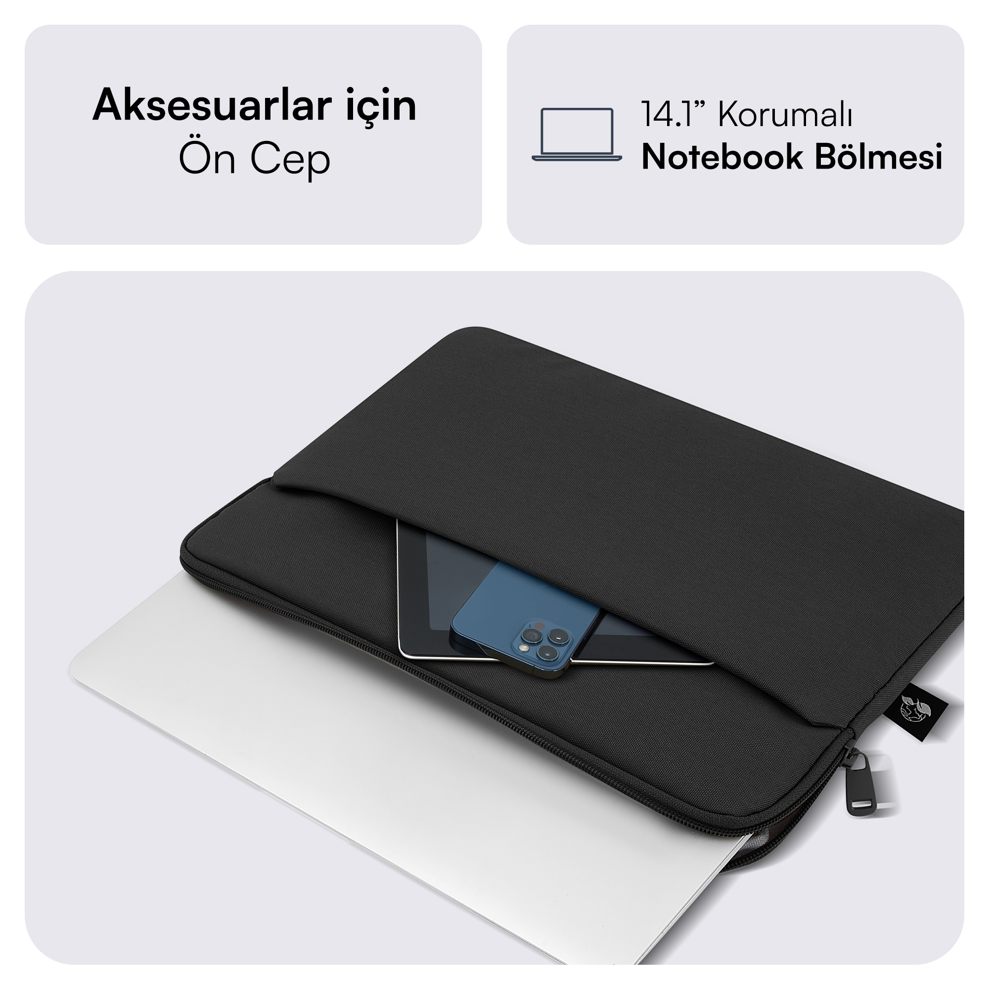 İçinde bir tablet ve telefon bulunan siyah bir dizüstü bilgisayar kılıfı. Önünde bir dizüstü bilgisayar var.