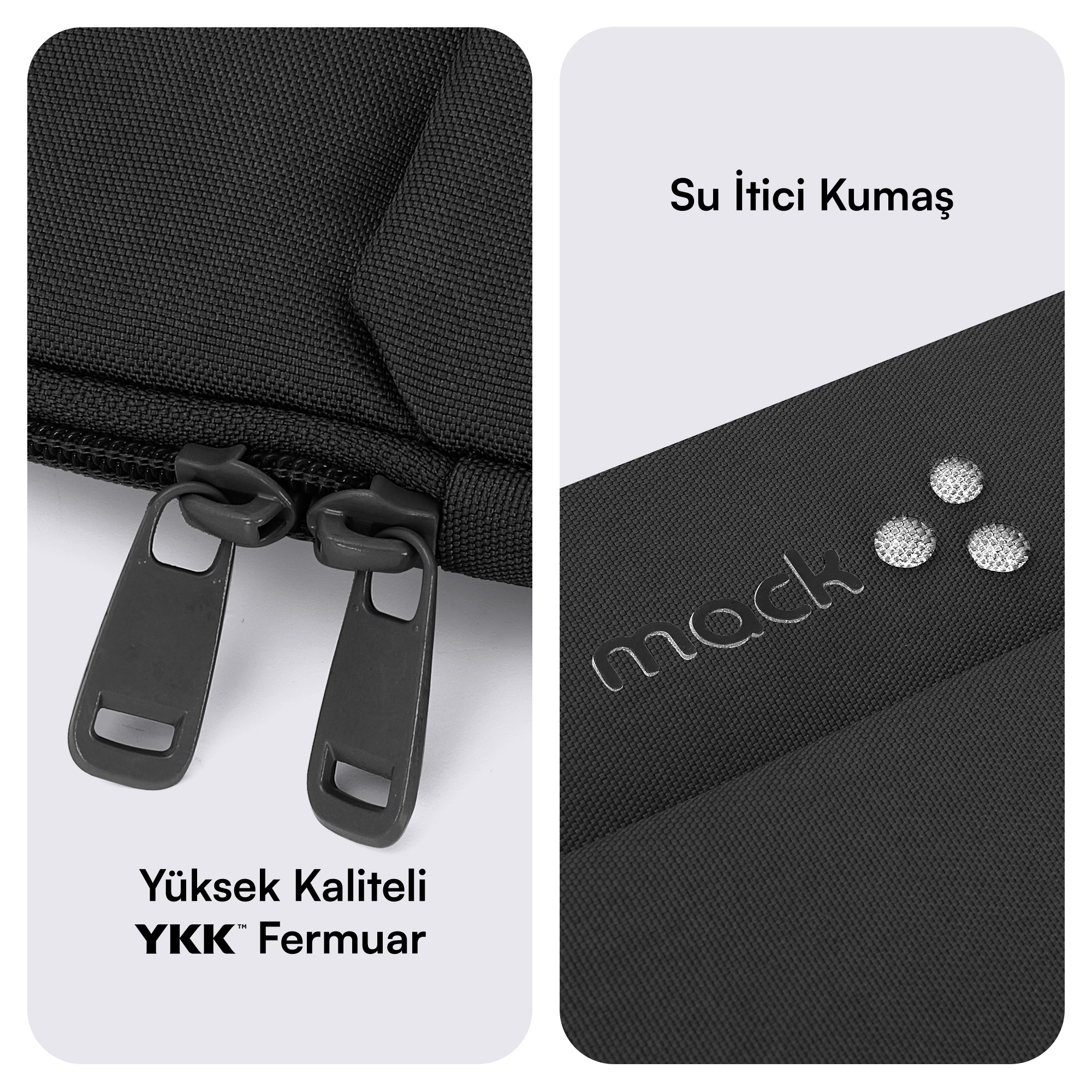 Fermuarlı ve su geçirmez kumaşlı siyah bir dizüstü bilgisayar kılıfının yakın çekimi.