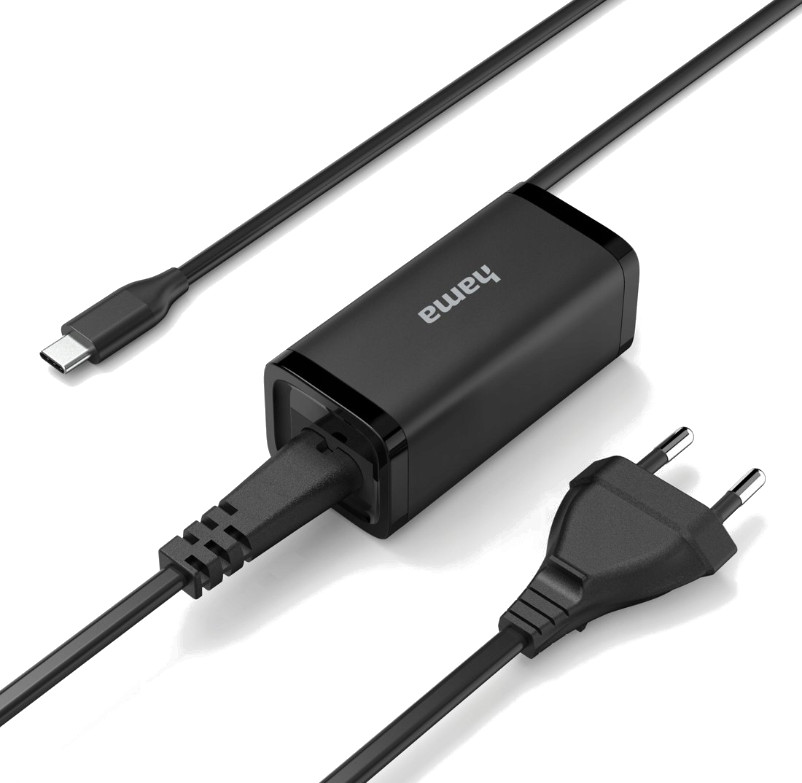 Czarna ładowarka Hama z kablami, portem USB-C i wtyczką europejską na białym tle.