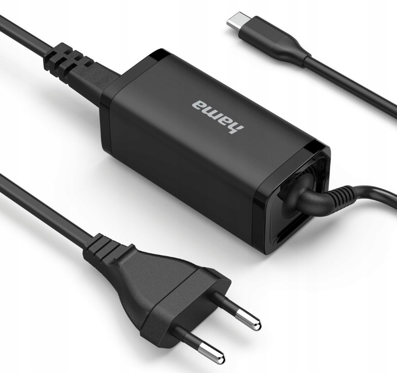Czarna ładowarka Hama z kablem USB-C i wtyczką. Ładowarka pośrodku z kablami. Białe tło.