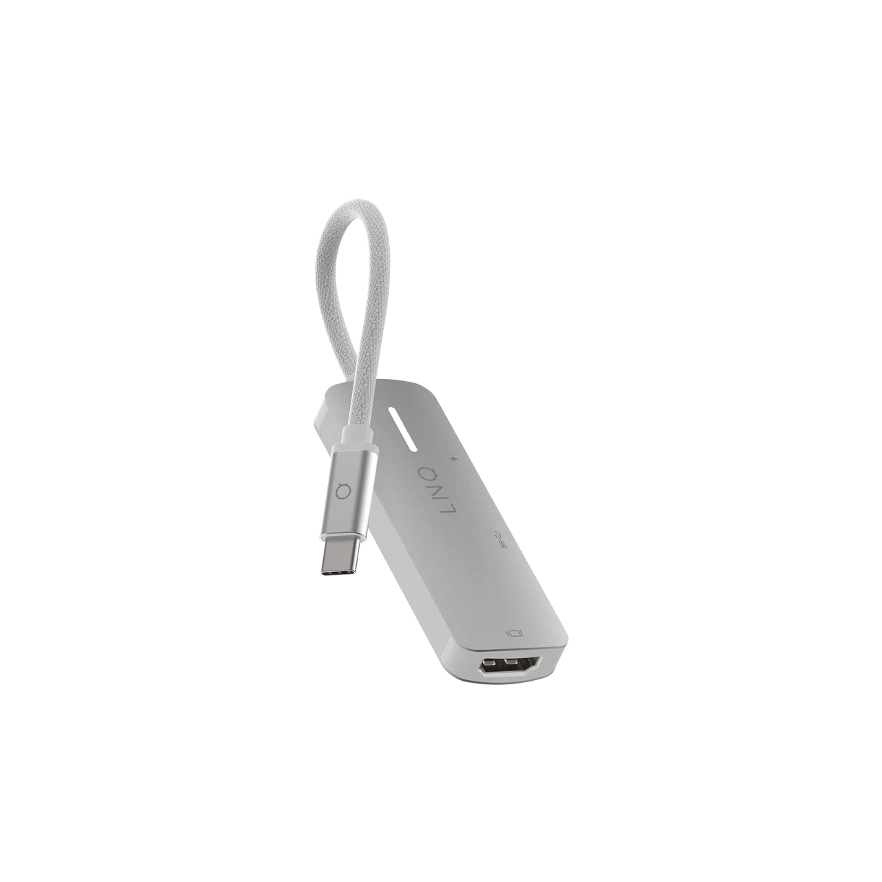 Un adaptador multipuerto LINO blanco y plateado con cable y conector USB-C.