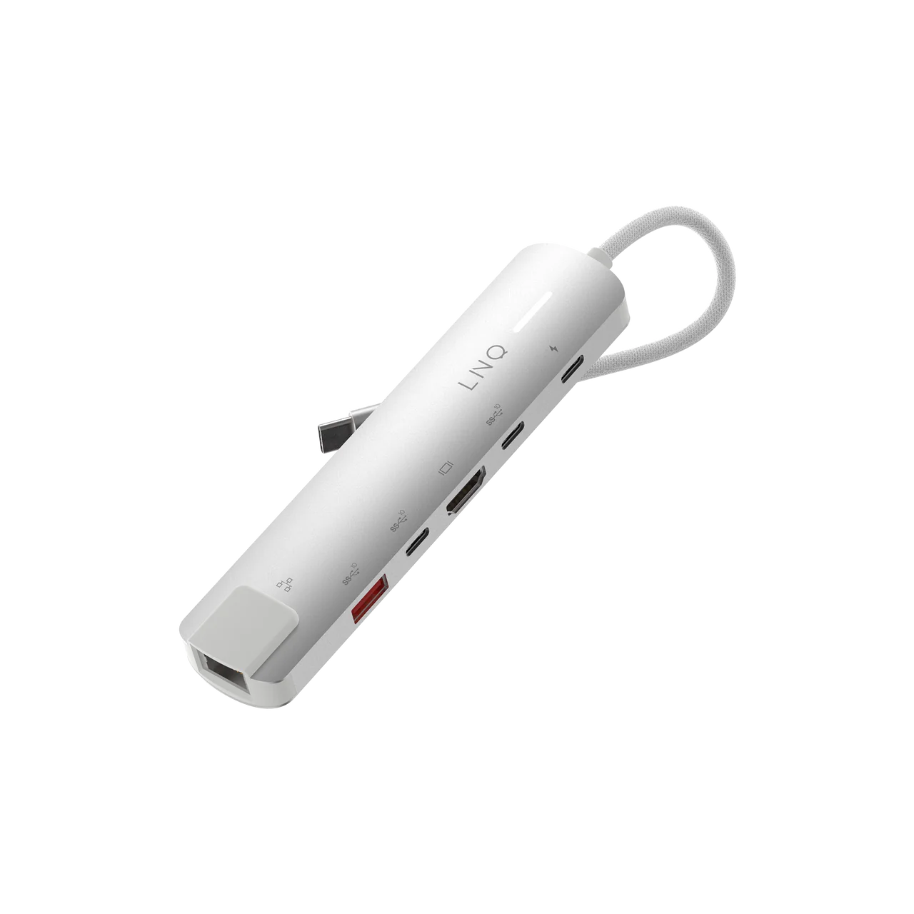 Adaptador multipuerto LINO blanco con conector USB-C y varios puertos, sobre un fondo negro.