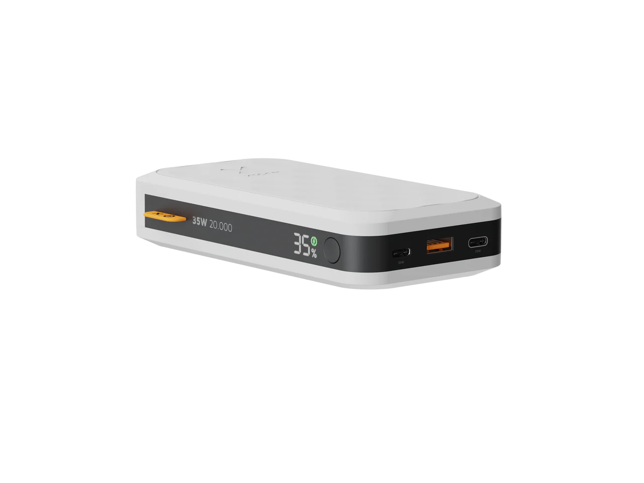 Un banco de energía blanco y gris. Muestra el 35%, tiene una pantalla digital y puertos USB. El fondo es negro.