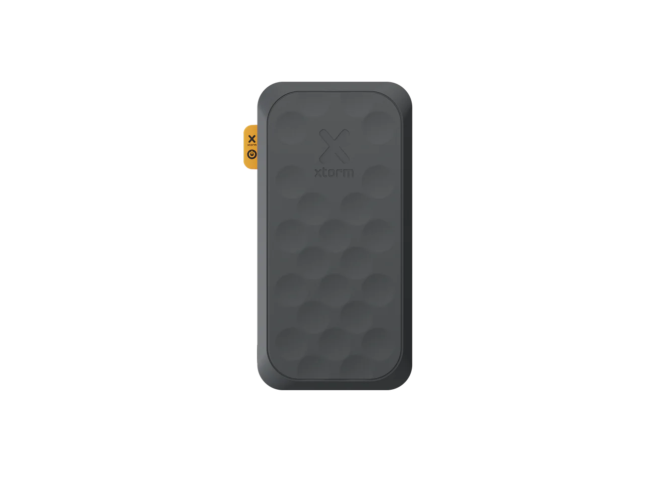 Un dispositivo rectangular gris oscuro con superficie texturizada. El dispositivo tiene un logotipo 'X' y la marca 'xstorm'. Una etiqueta naranja está en el lado.