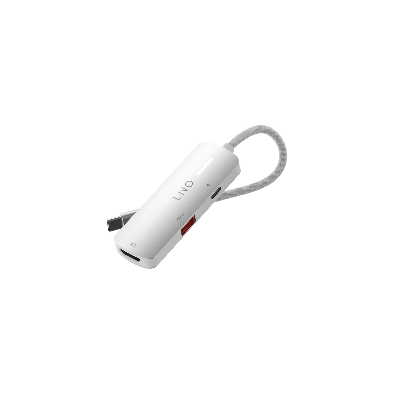 Hub USB-C LINQ blanco con cable gris y puerto USB rojo. Fondo negro con una franja blanca brillante.
