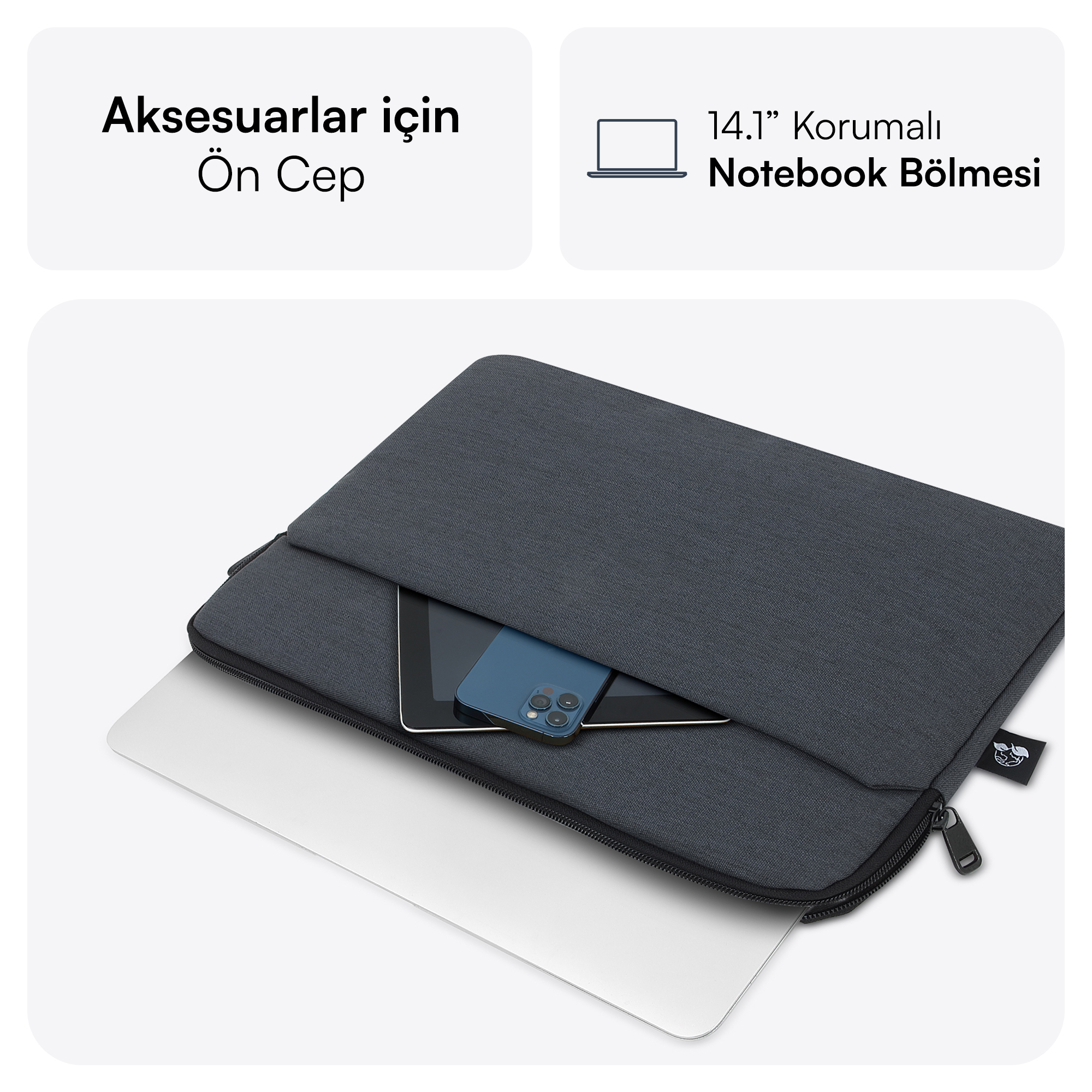 Gri laptop kılıfı, fermuarlı ön cepli, bir telefon ve tablet gösteriyor.