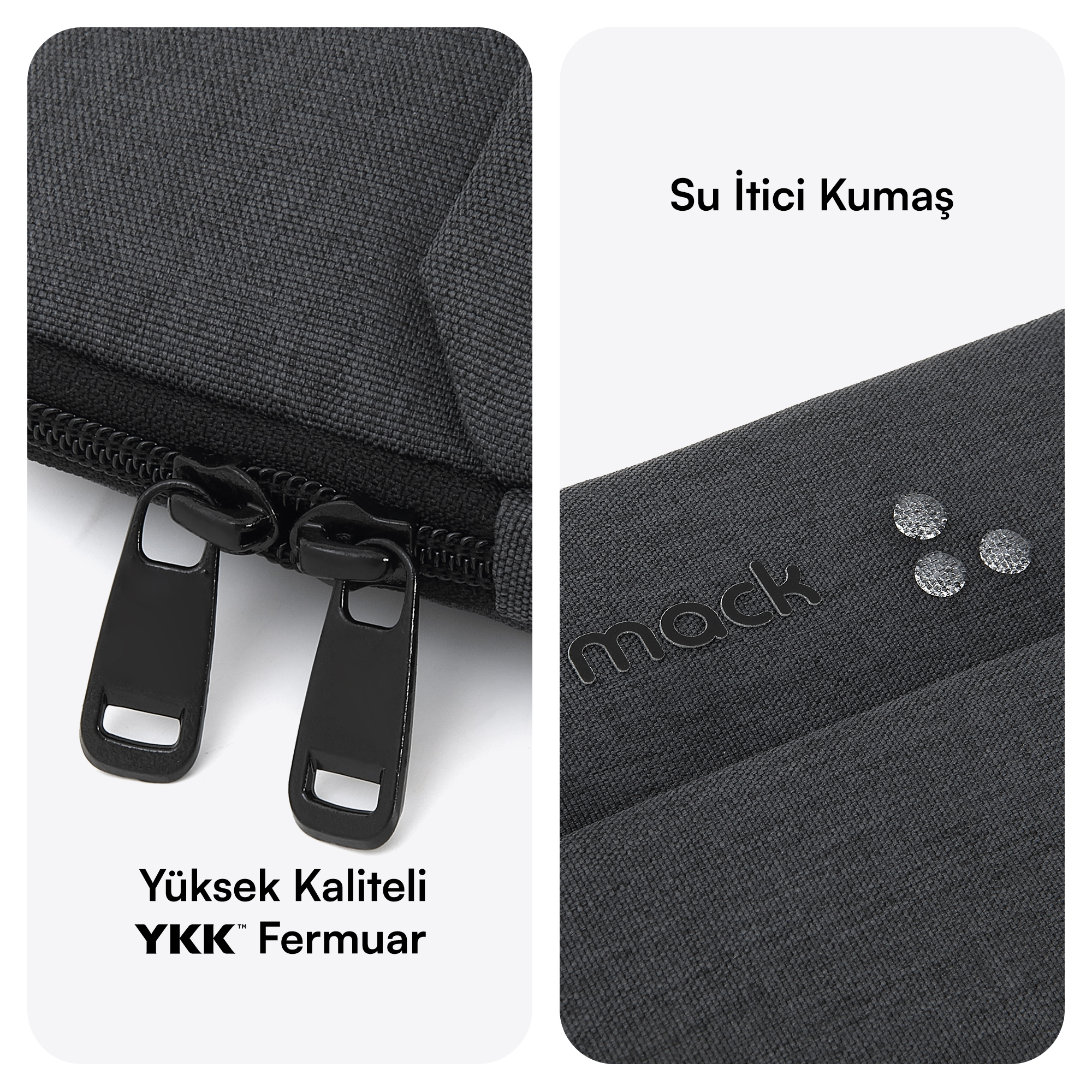 Gri laptop kılıfının, fermuarlarının ve su itici kumaş testinin yakın çekimi.