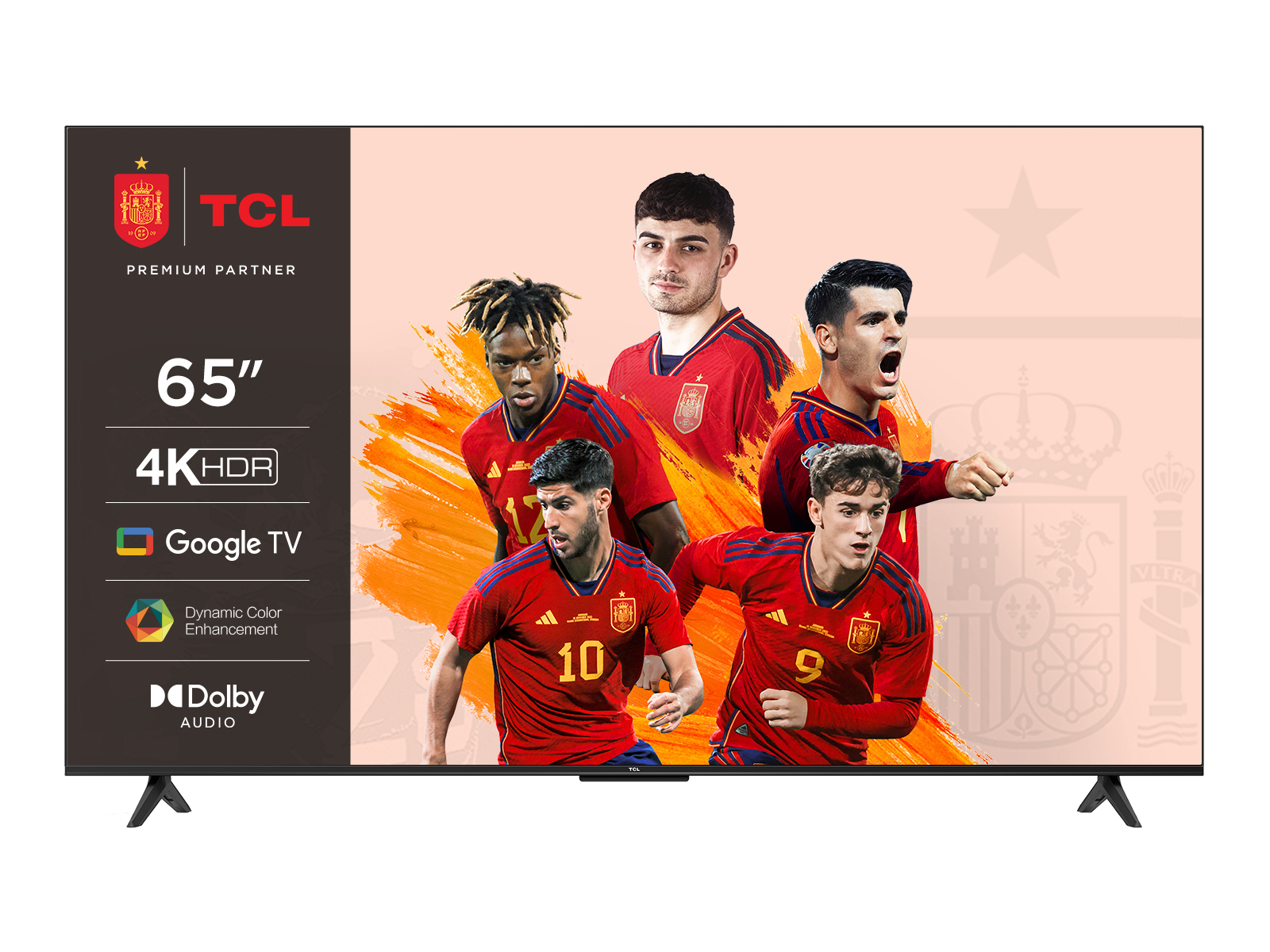 TV TCL 65" con futbolistas en pantalla. Características: 4K HDR, Google TV, Dolby Audio. Fondo claro.