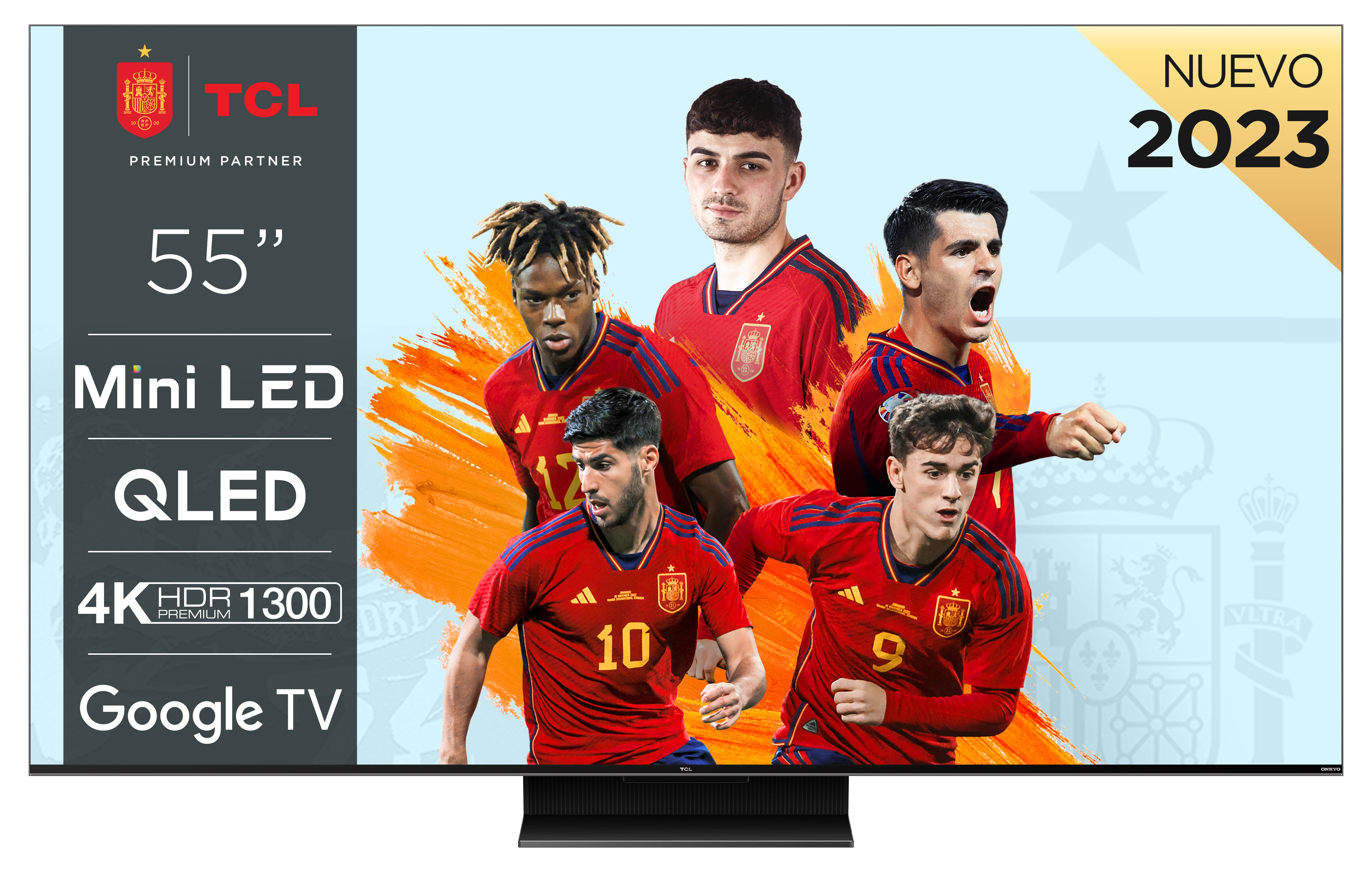Televisor TCL con jugadores de fútbol españoles, 55", Mini LED, QLED, 4K HDR y Google TV. Se muestra el año 2023.