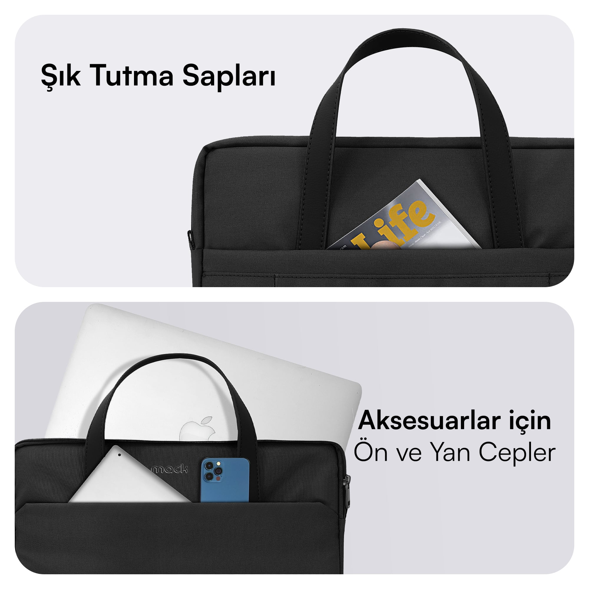 Siyah dizüstü bilgisayar çantası. Şık tutma sapları, ön ve yan cepler.