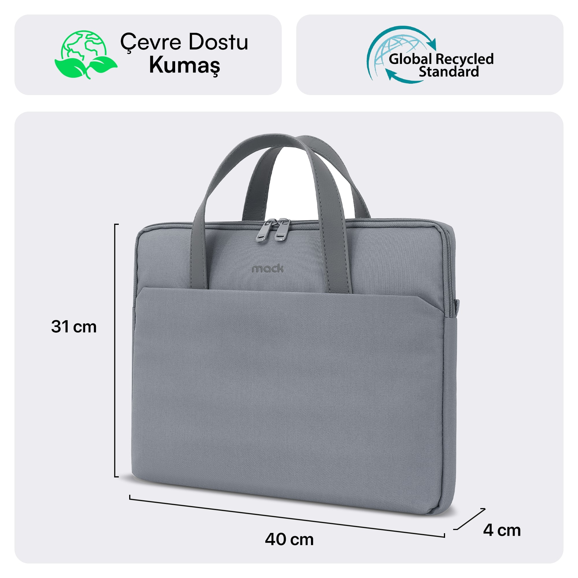 Gri Mack laptop çantası, 31cm ve 40cm boyutlarında, çevre dostu ve geri dönüşüm logolarıyla işaretlenmiş.