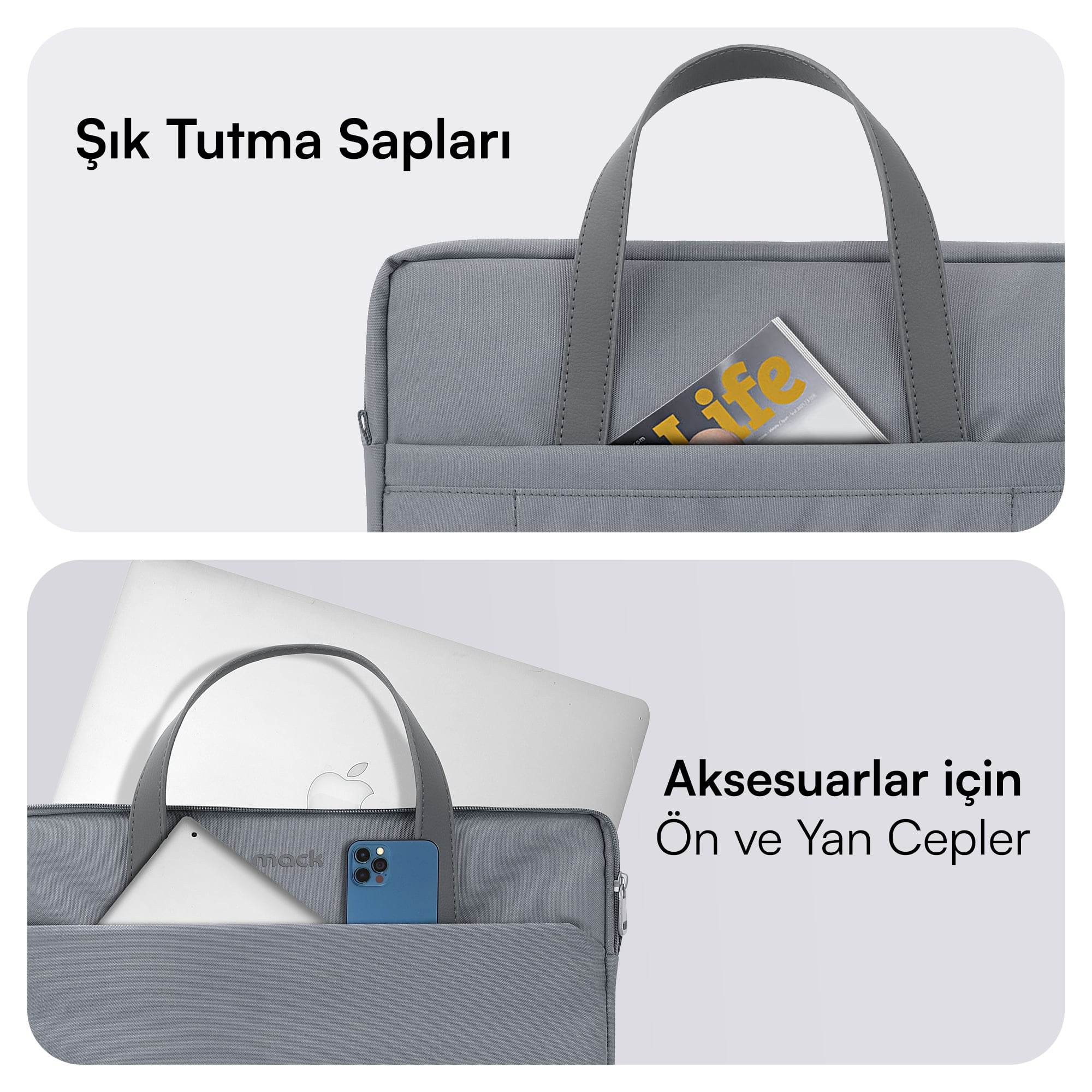 Gri laptop çantasının açık ceplerinin yakın çekimi, birinde dergi, diğerinde laptop var.