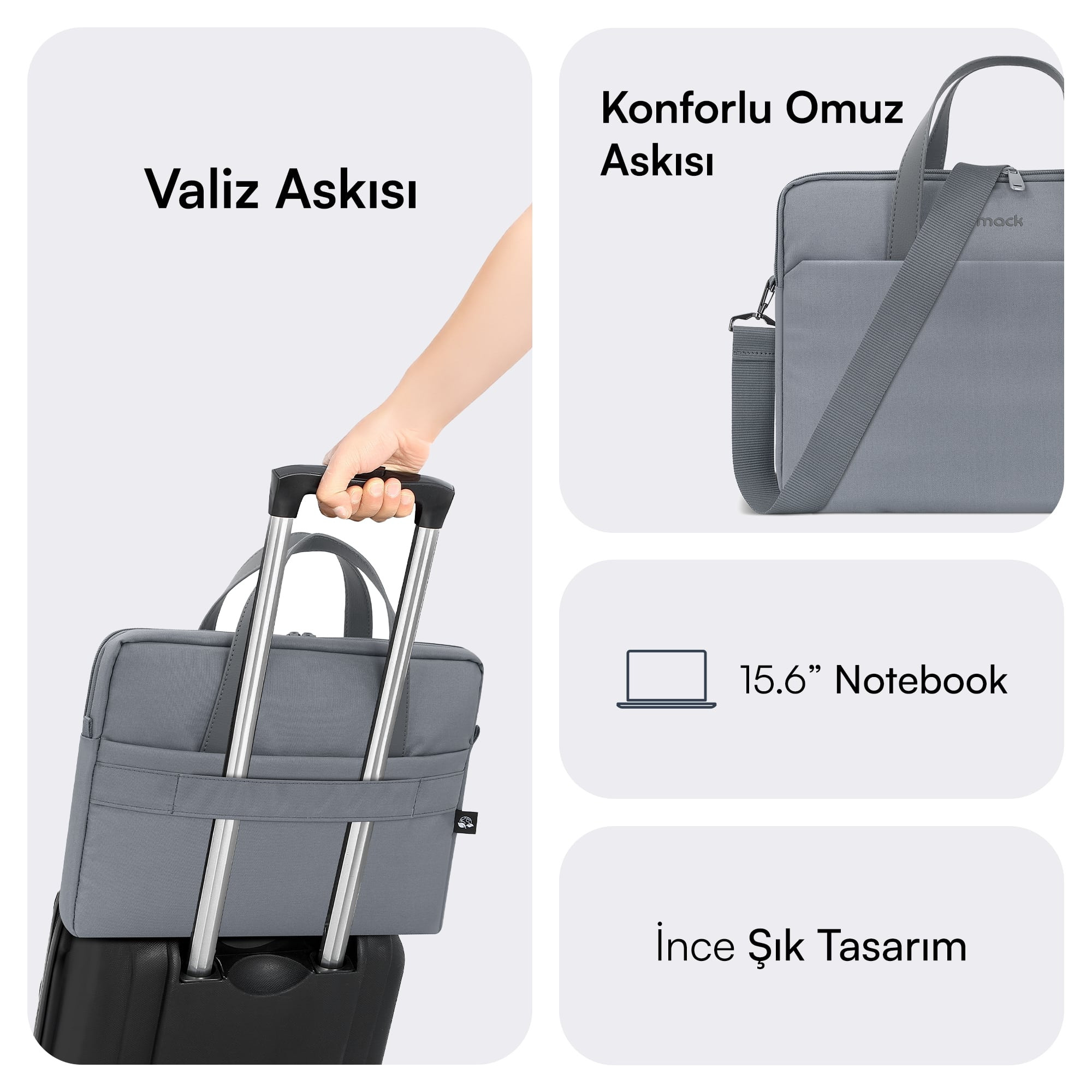 Gri Mack laptop çantası bavul üzerinde, sap özelliklerini ve konforlu omuz askısı tasarımını gösteriyor.