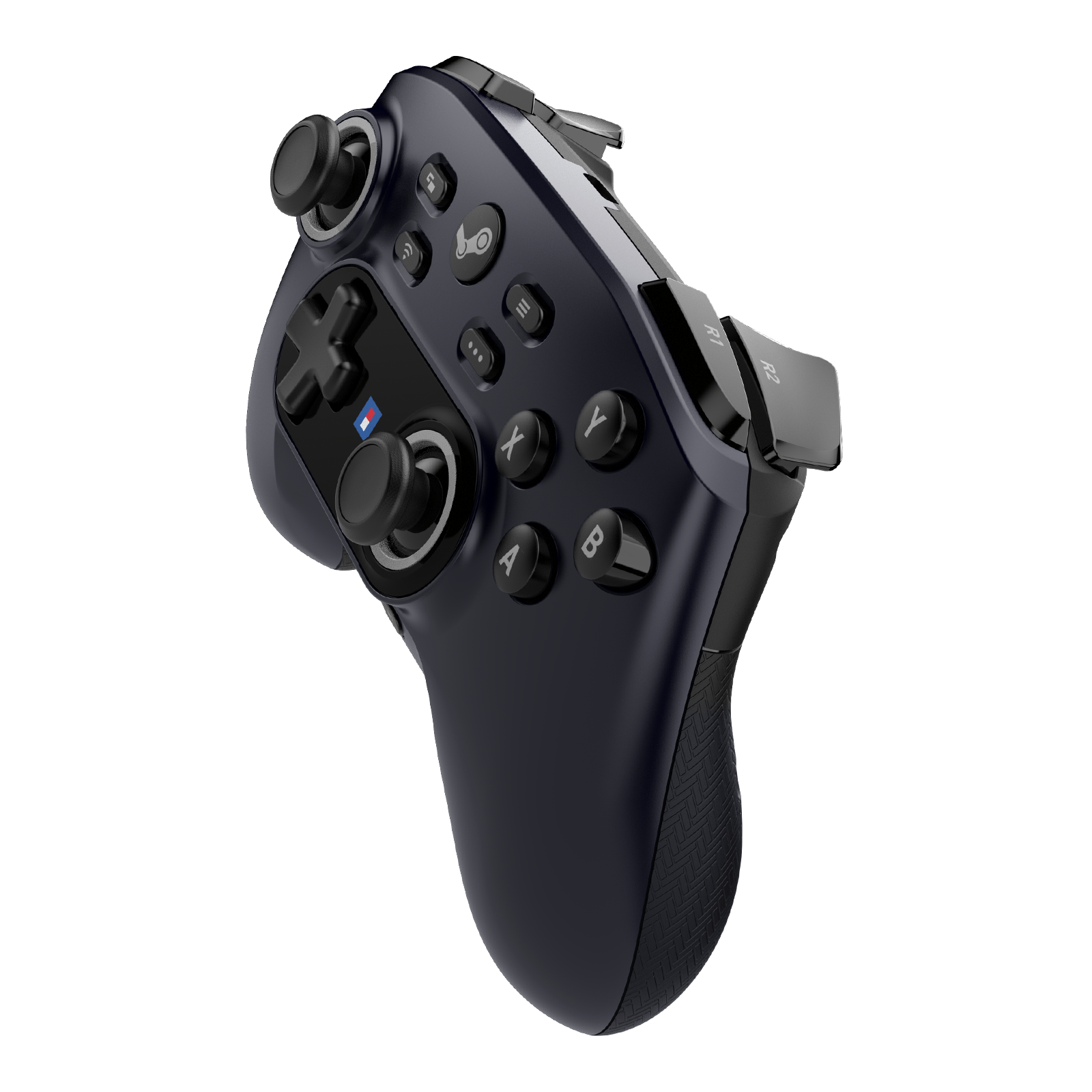 Açısal konumlandırılmış, çoklu düğmeli ve joystickli koyu mavi bir oyun denetleyicisi.