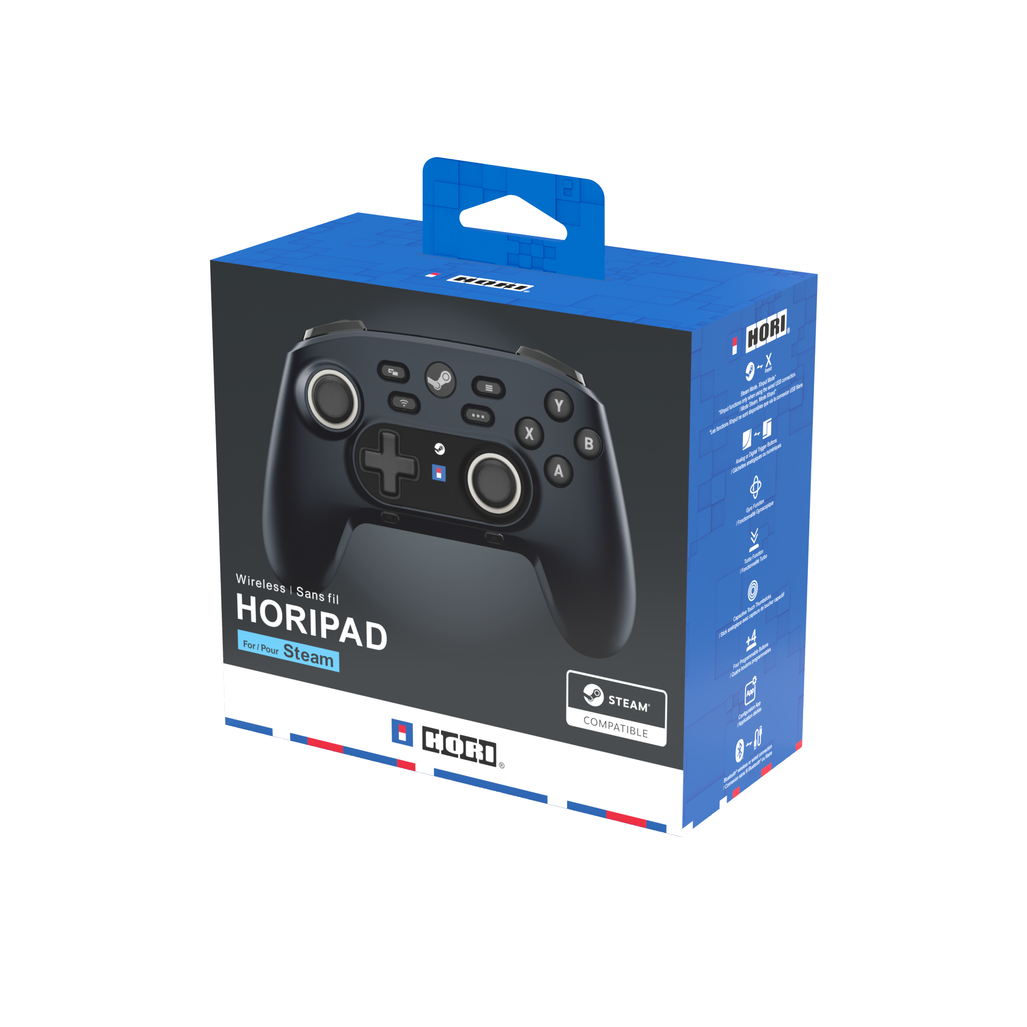 Mavi bir kutuda bir oyun denetleyicisi, Steam için HORIPAD etiketli, Steam ve Hori logolarıyla.