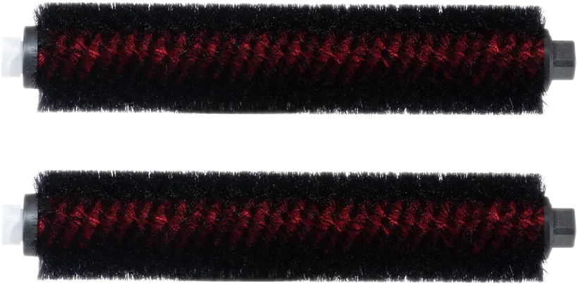 Zwei Walzenbürsten, schwarz mit roten Borsten, weiße Enden. Horizontal vor schwarzem Hintergrund angeordnet.