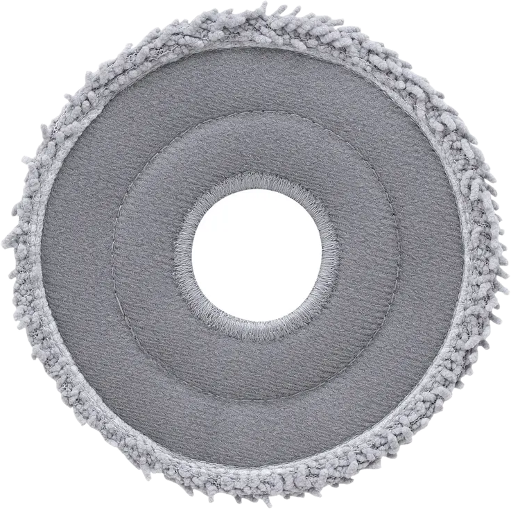 Tampon de vadrouille circulaire gris avec anneaux concentriques. Trou et bords texturés.