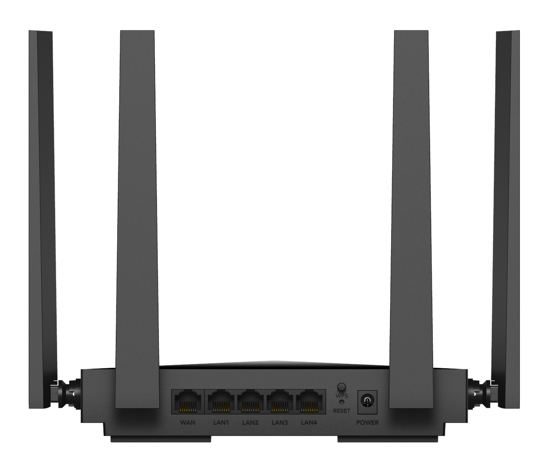 Tył czarnego routera, pokazujący porty do połączenia internetowego i zasilania.