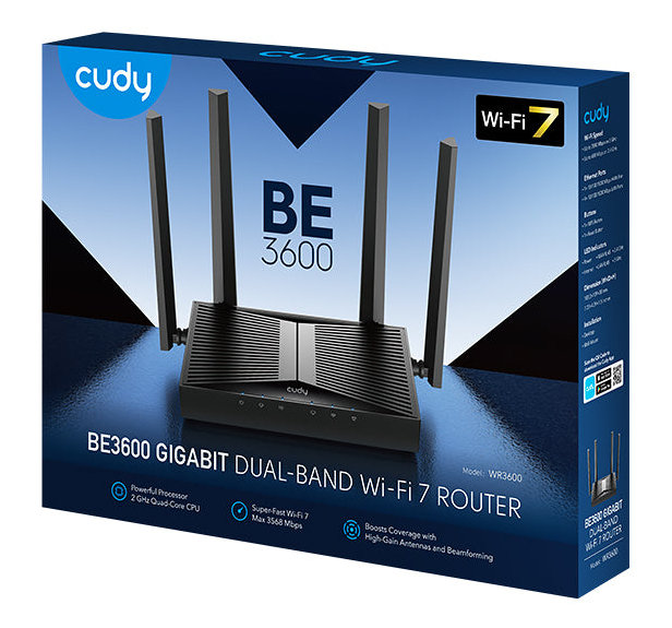 Czarny router Cudy BE3600 Wi-Fi 7 na pudełku. Ma anteny i markę. Tekst: Gigabit Dual-Band Wi-Fi 7 Router.