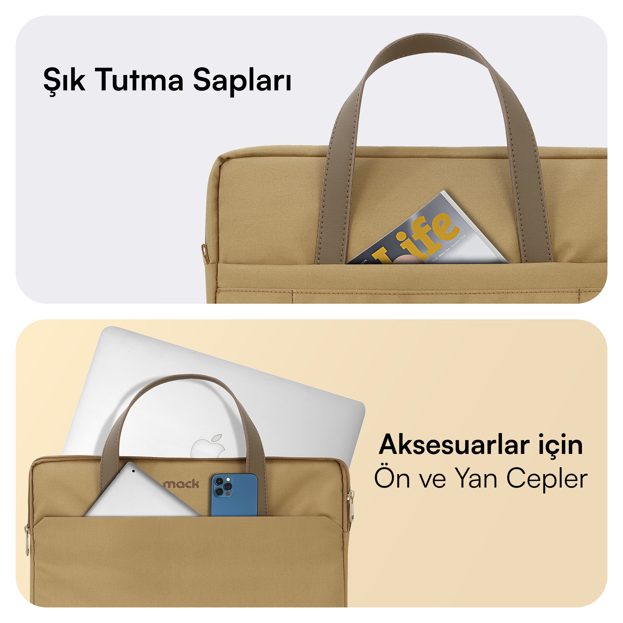 Bej dizüstü bilgisayar çantası, tutma kolu ve bir dergi içeren cebiyle. Yan cepler.
